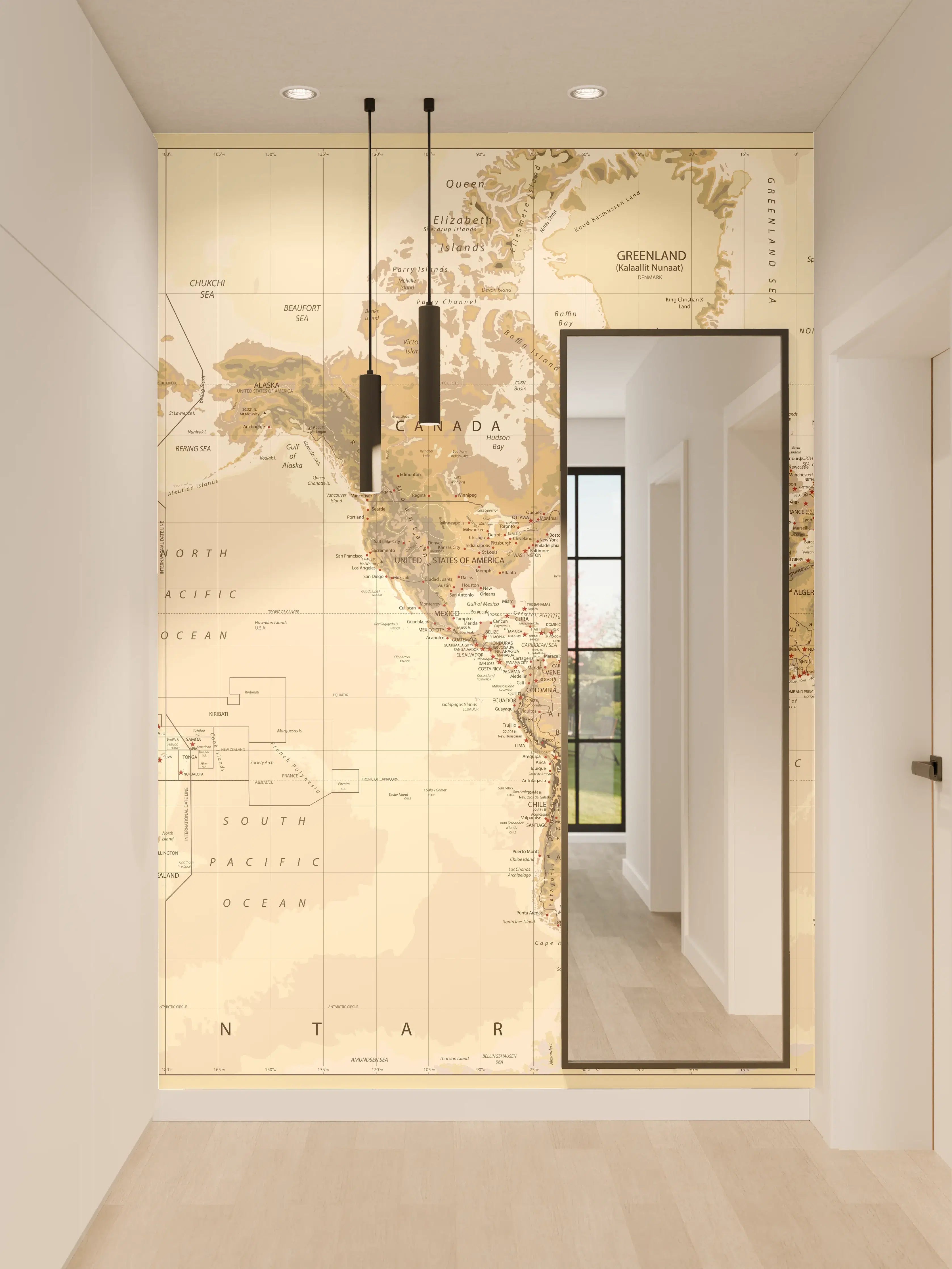 Wandverkleidung Flur - Weltkarte in Vintage-Tönen mit beige-braunen Akzenten