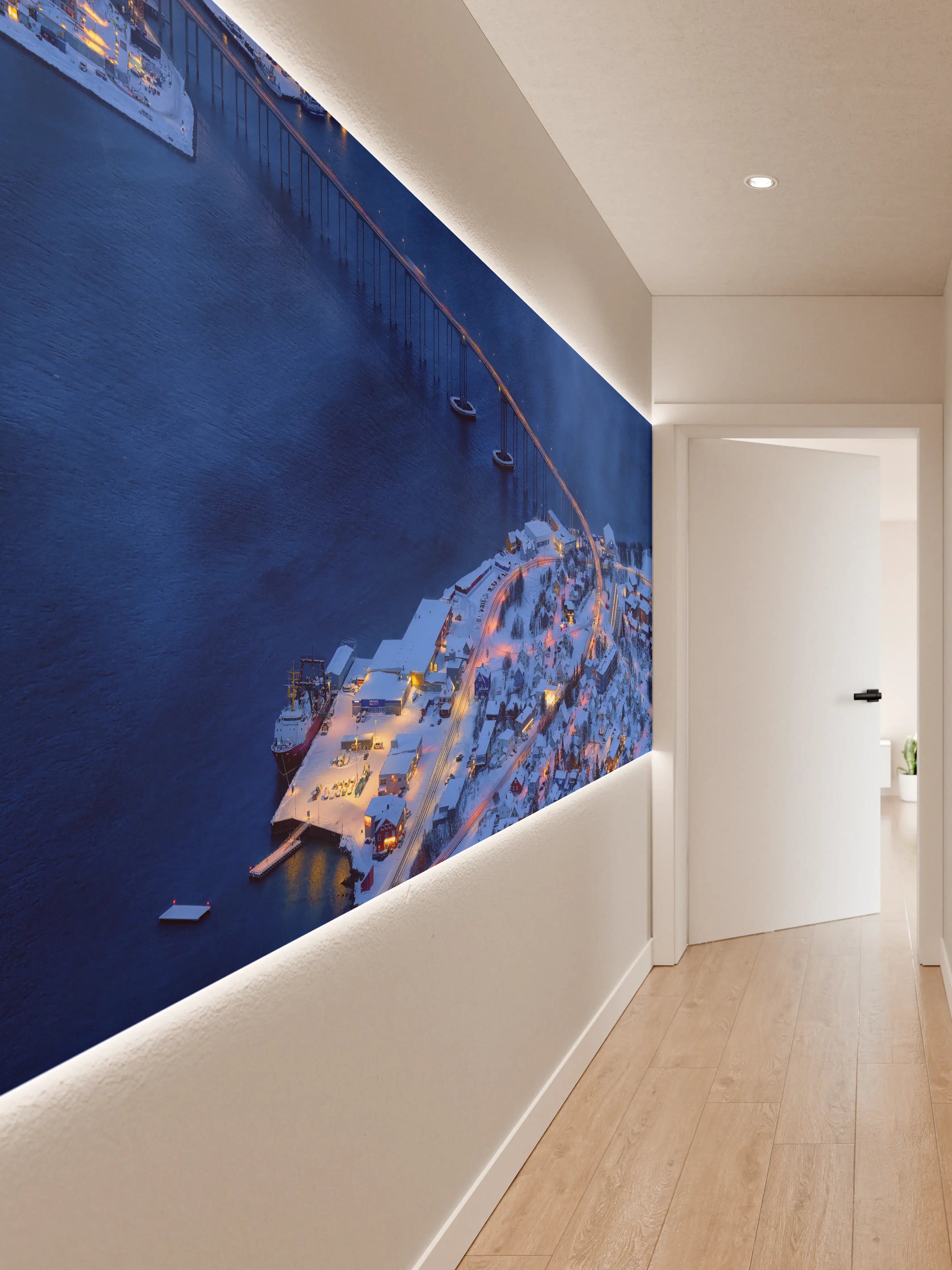 Wandverkleidung Flur - Winterliche Stadt bei Nacht mit Brücke