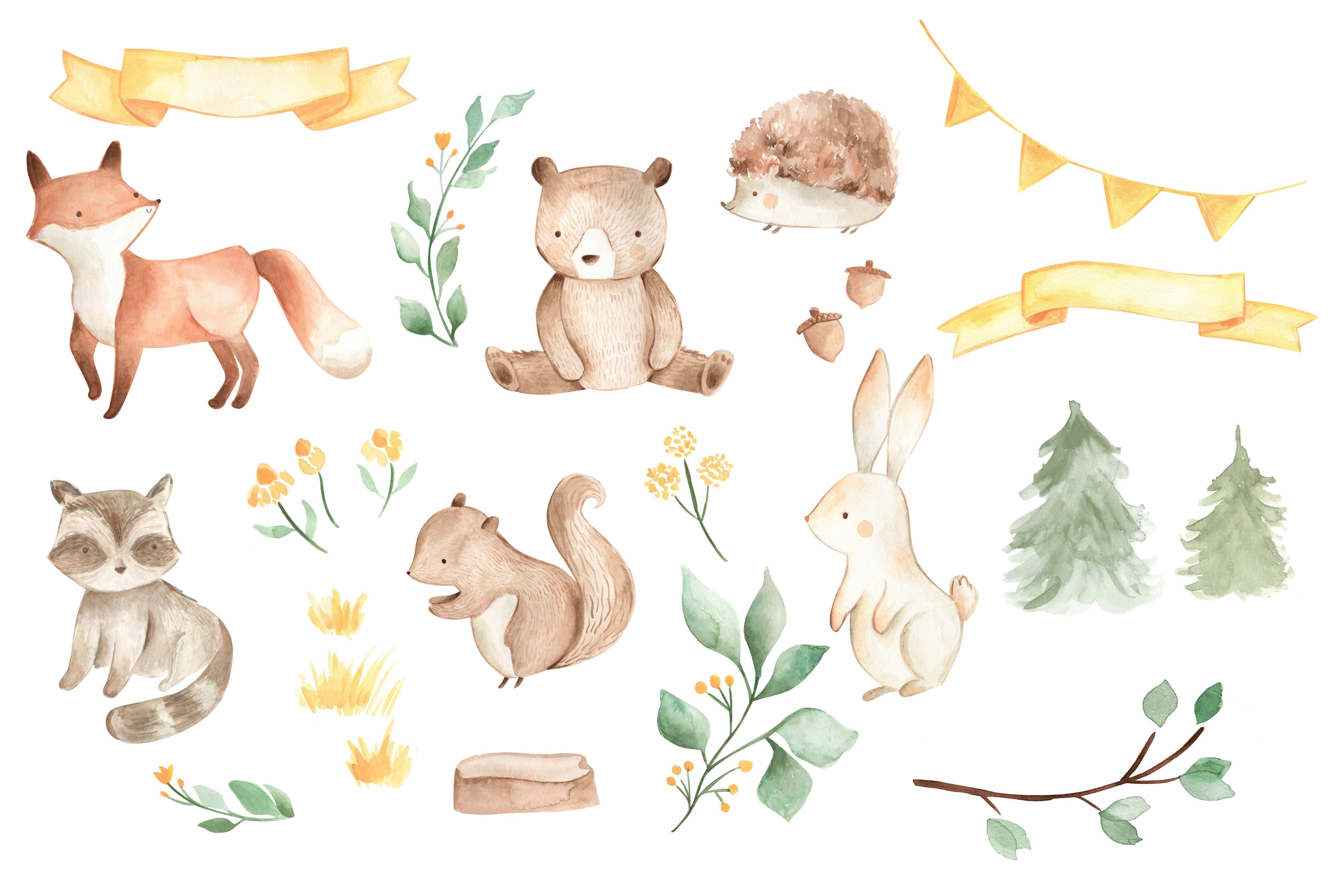 Wandverkleidung Flur-Woodland Tiere - Aquarell