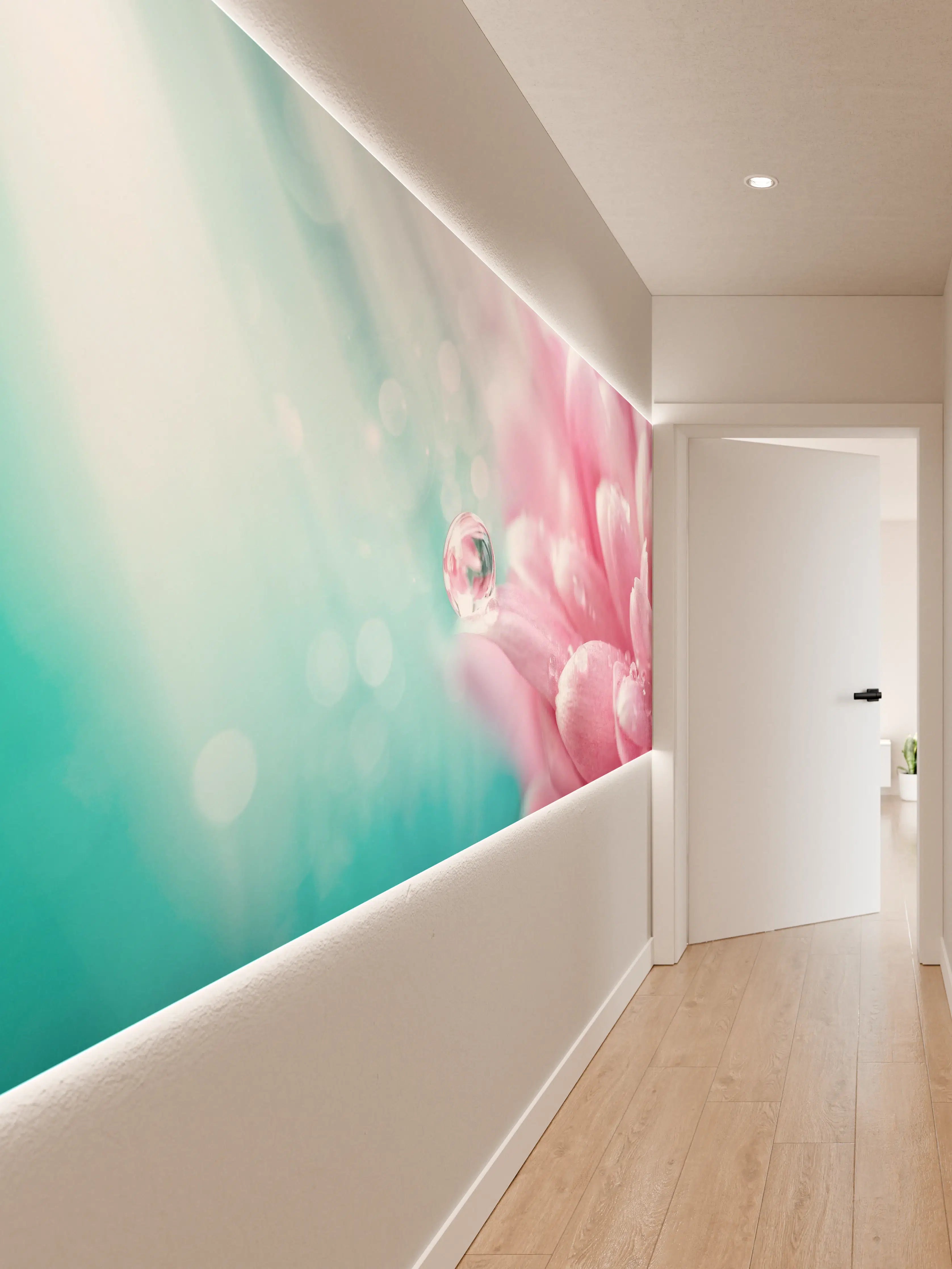 Wandverkleidung Flur - Zarte Blumen- und Wasserreflexionen auf Pastell-Hintergrund