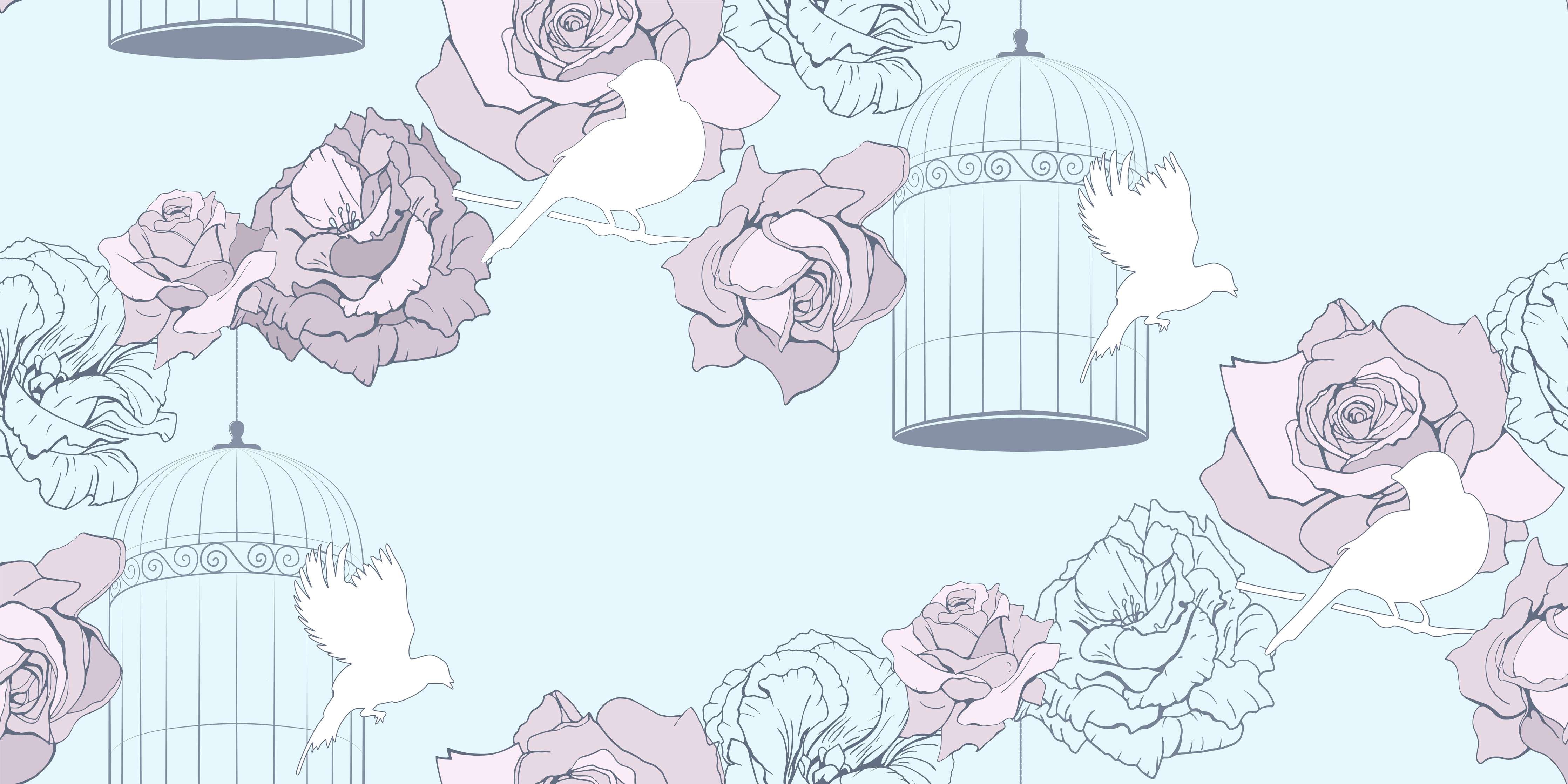 Wandverkleidung Flur-Zarte Blumen und fliegende Vögel im pastellfarbenen Design