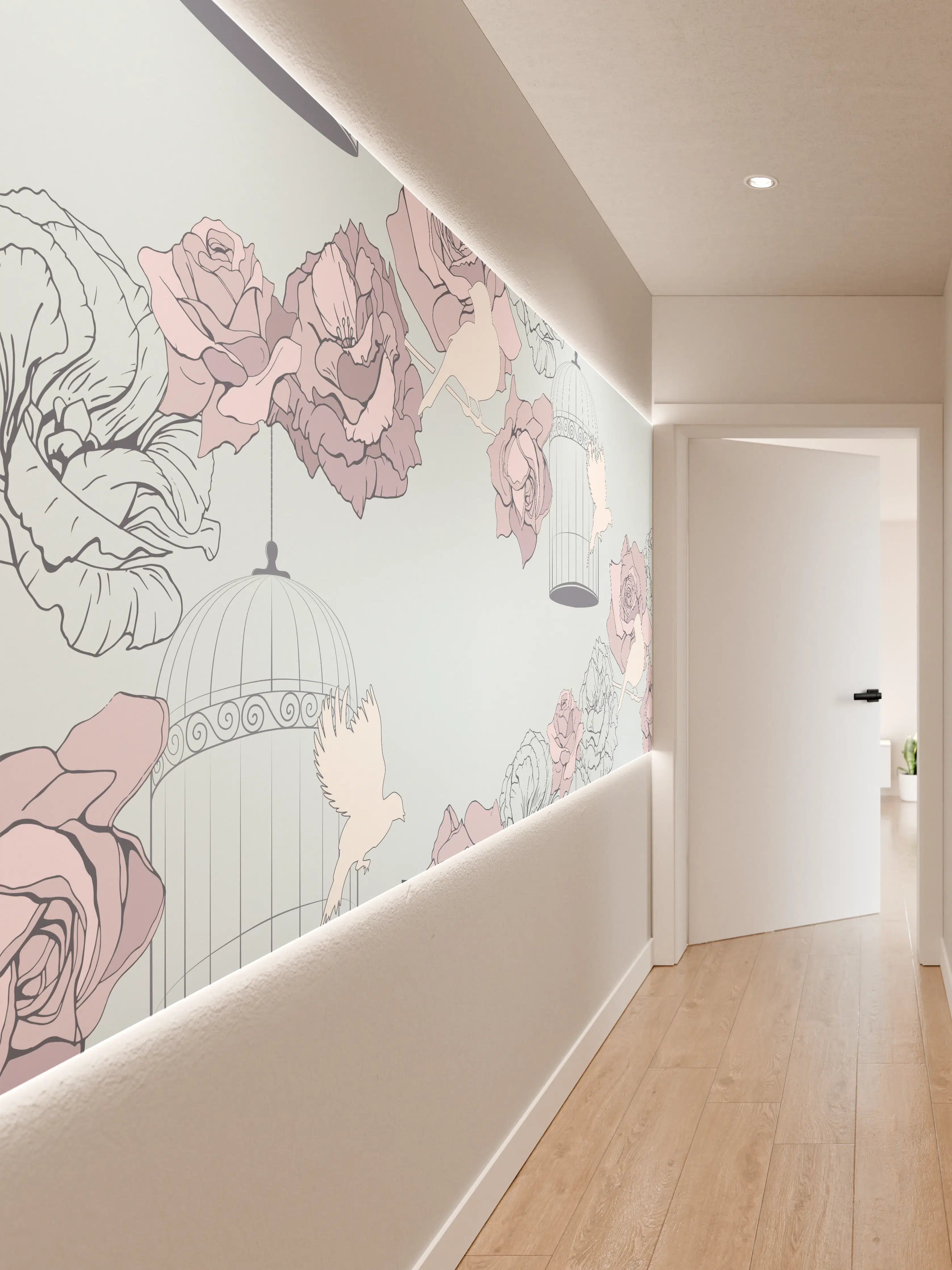 Wandverkleidung Flur - Zarte Blumen und fliegende Vögel im pastellfarbenen Design