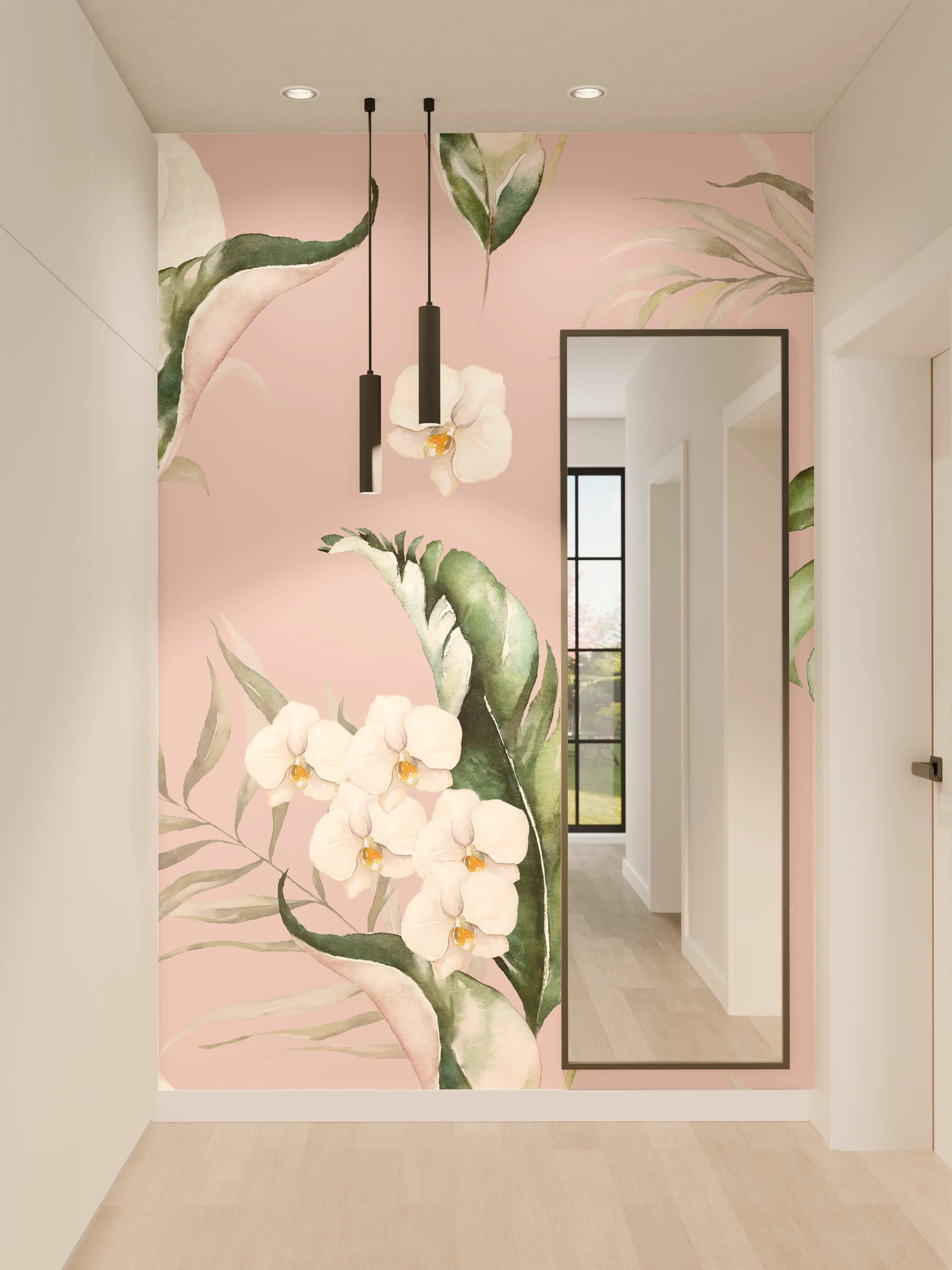 Wandverkleidung Flur - Zarte Blumenmuster in Grautönen