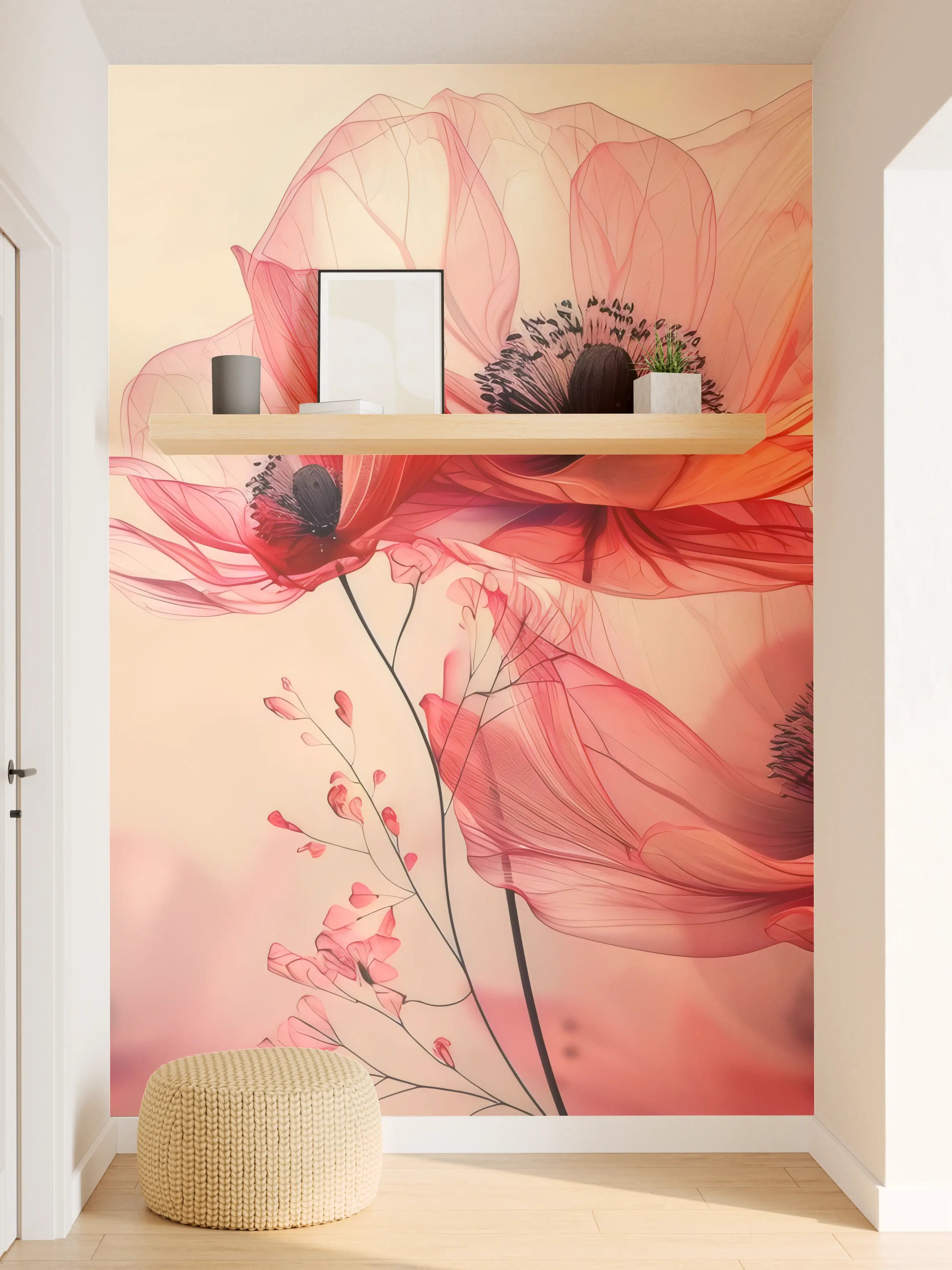 Wandverkleidung Flur - Zarte Mohnblüten in Rosa