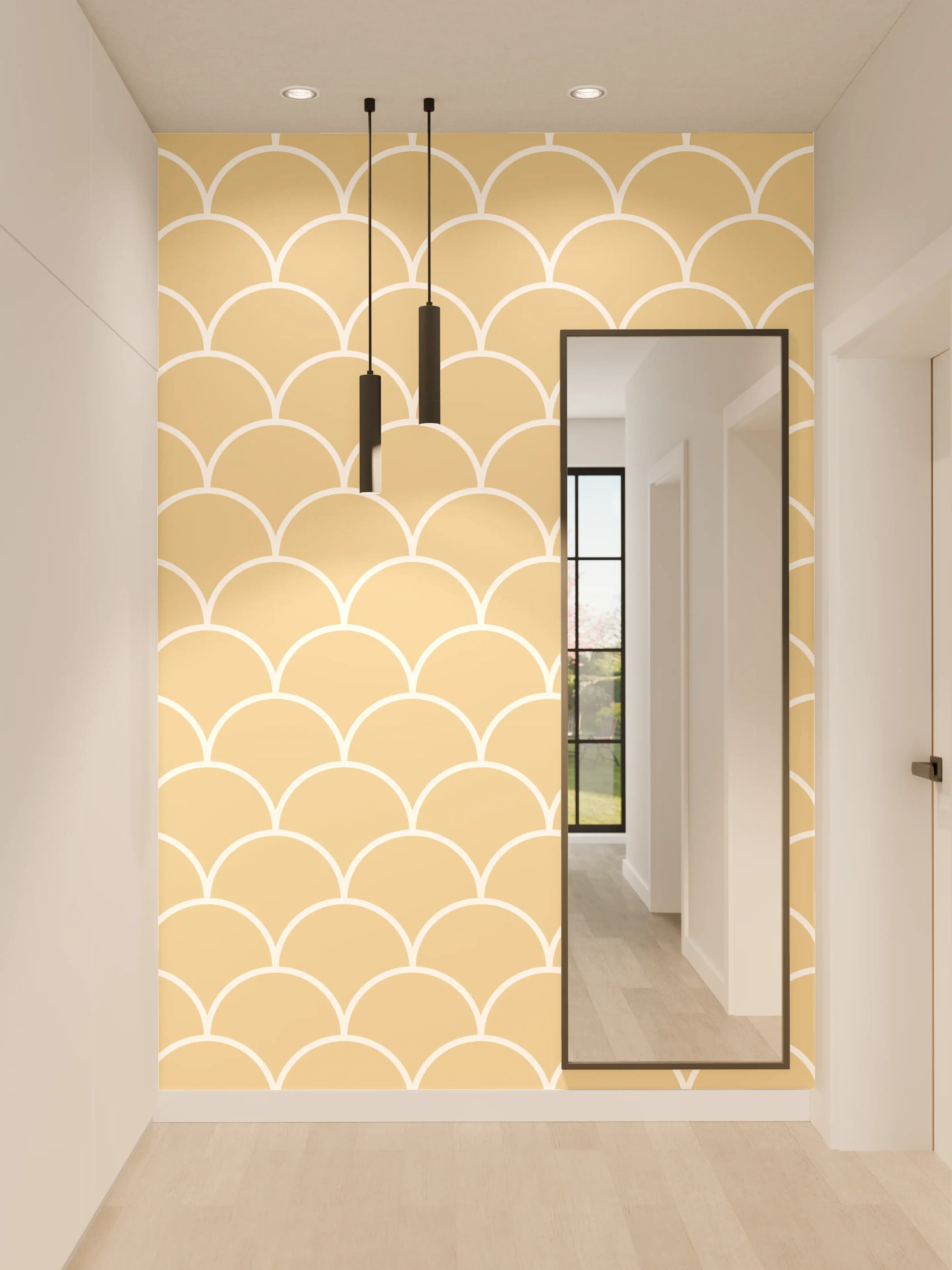Wandverkleidung Flur - Zarte Mustertapete in Beige mit Schuppenmuster