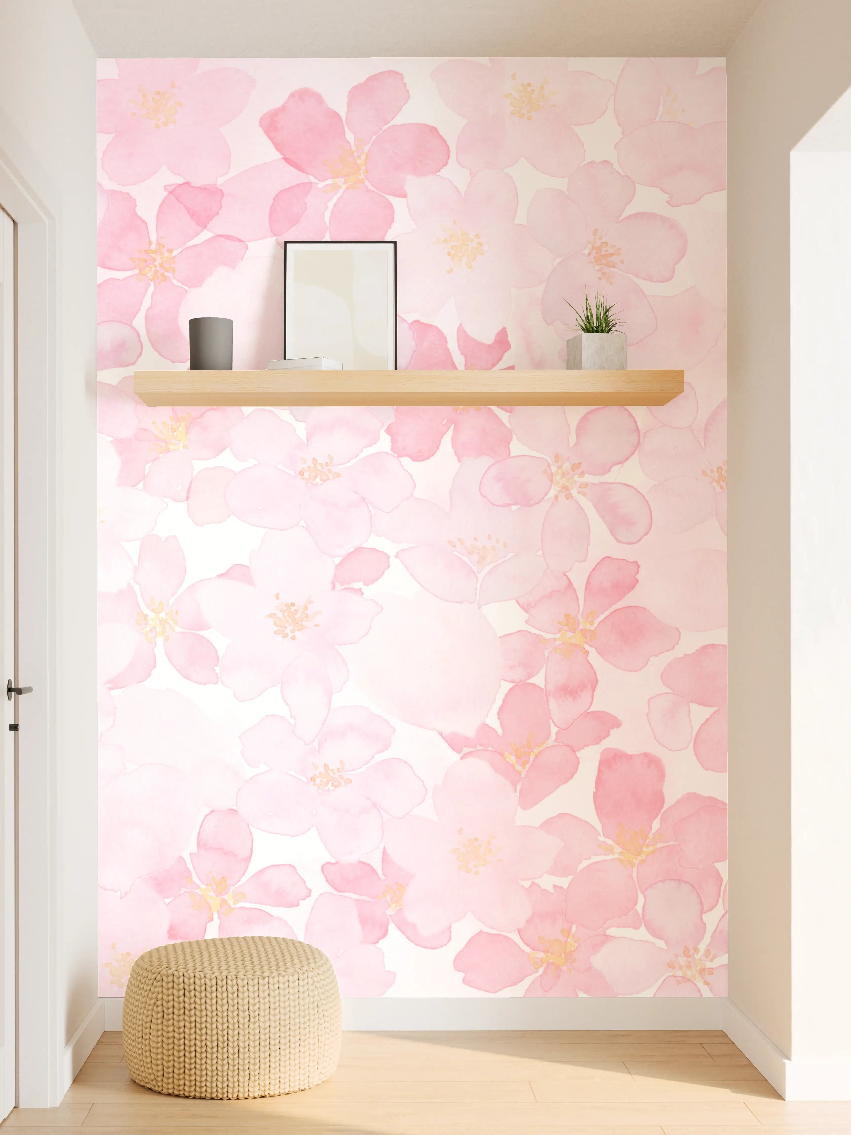 Wandverkleidung Flur - Zarte pinke Blüten im Wasserfarben-Look