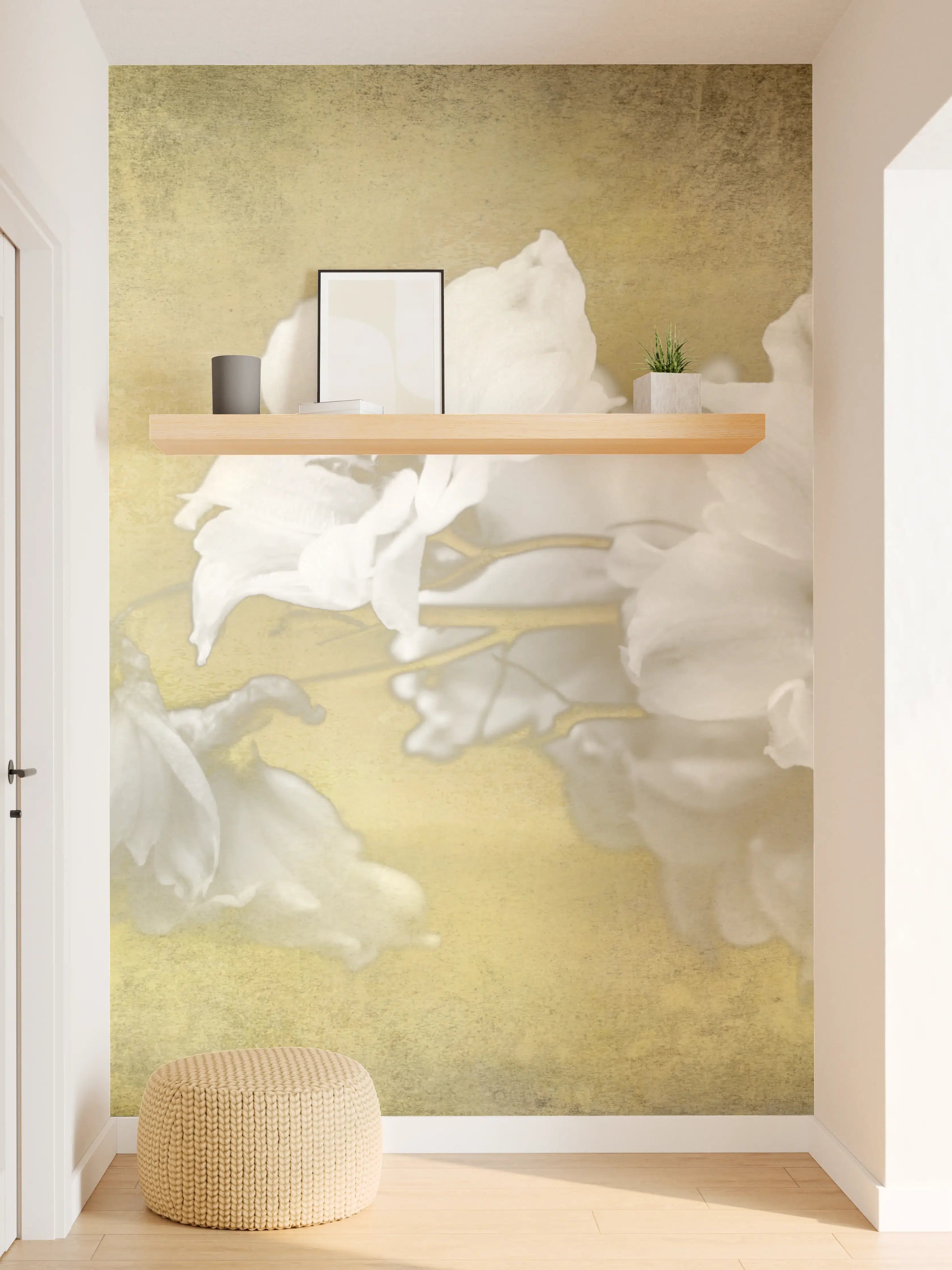 Wandverkleidung Flur - Zarte weiße Blumen vor grauem Vintage-Hintergrund