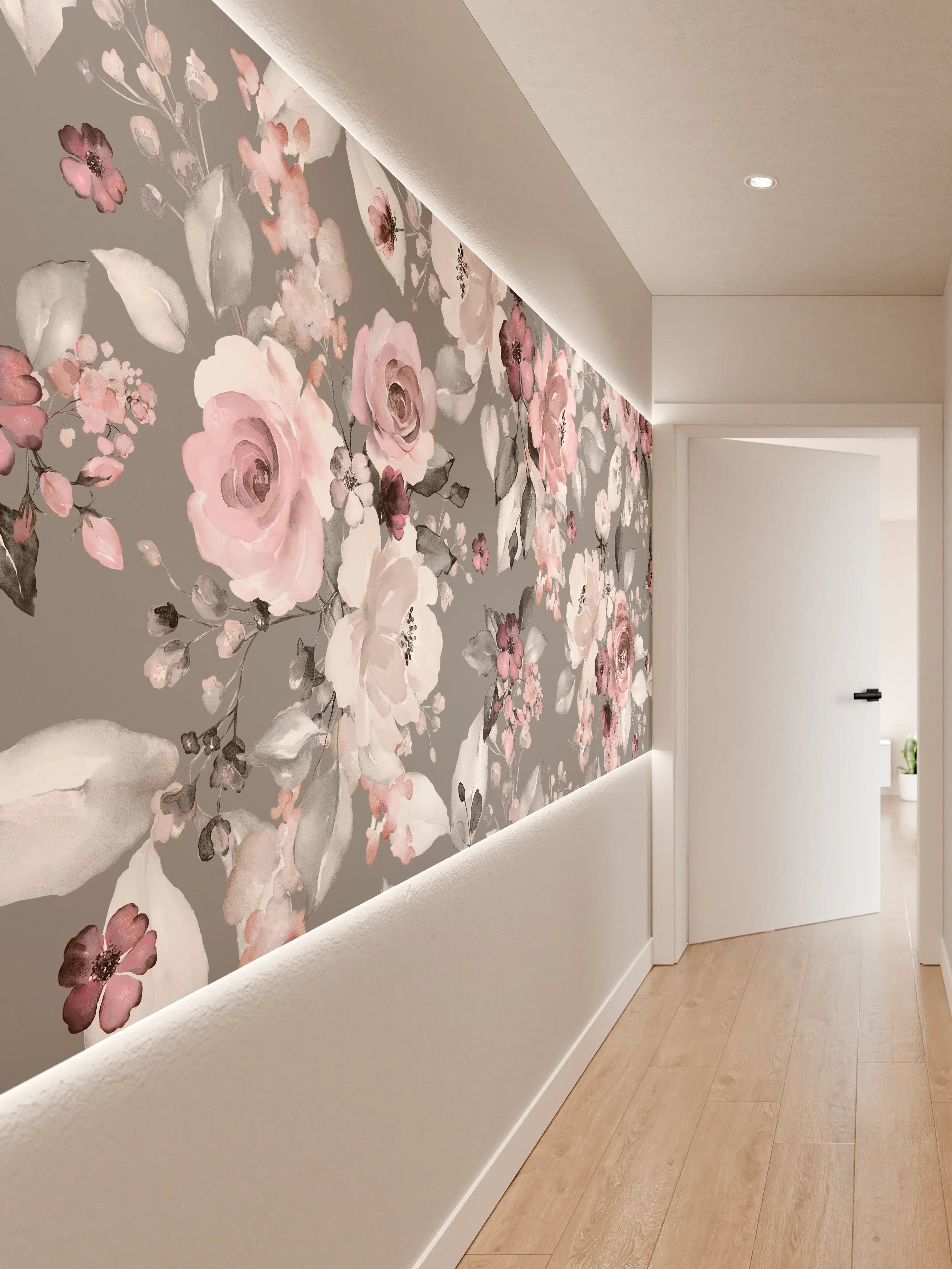 Wandverkleidung Flur - Zartes Blumenmuster in Grau- und Pastelltönen