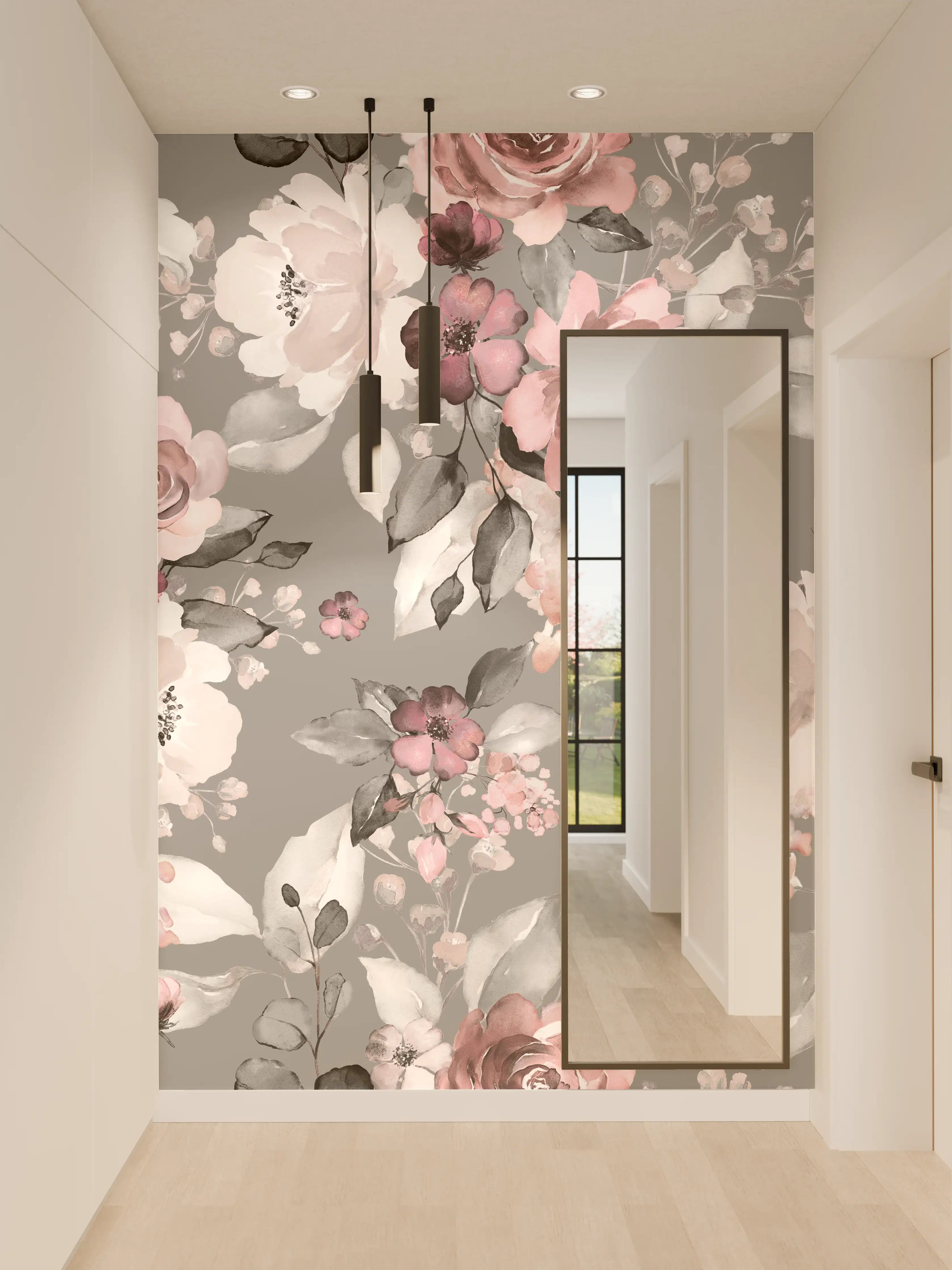 Wandverkleidung Flur - Zartes Blumenmuster in Grau- und Pastelltönen
