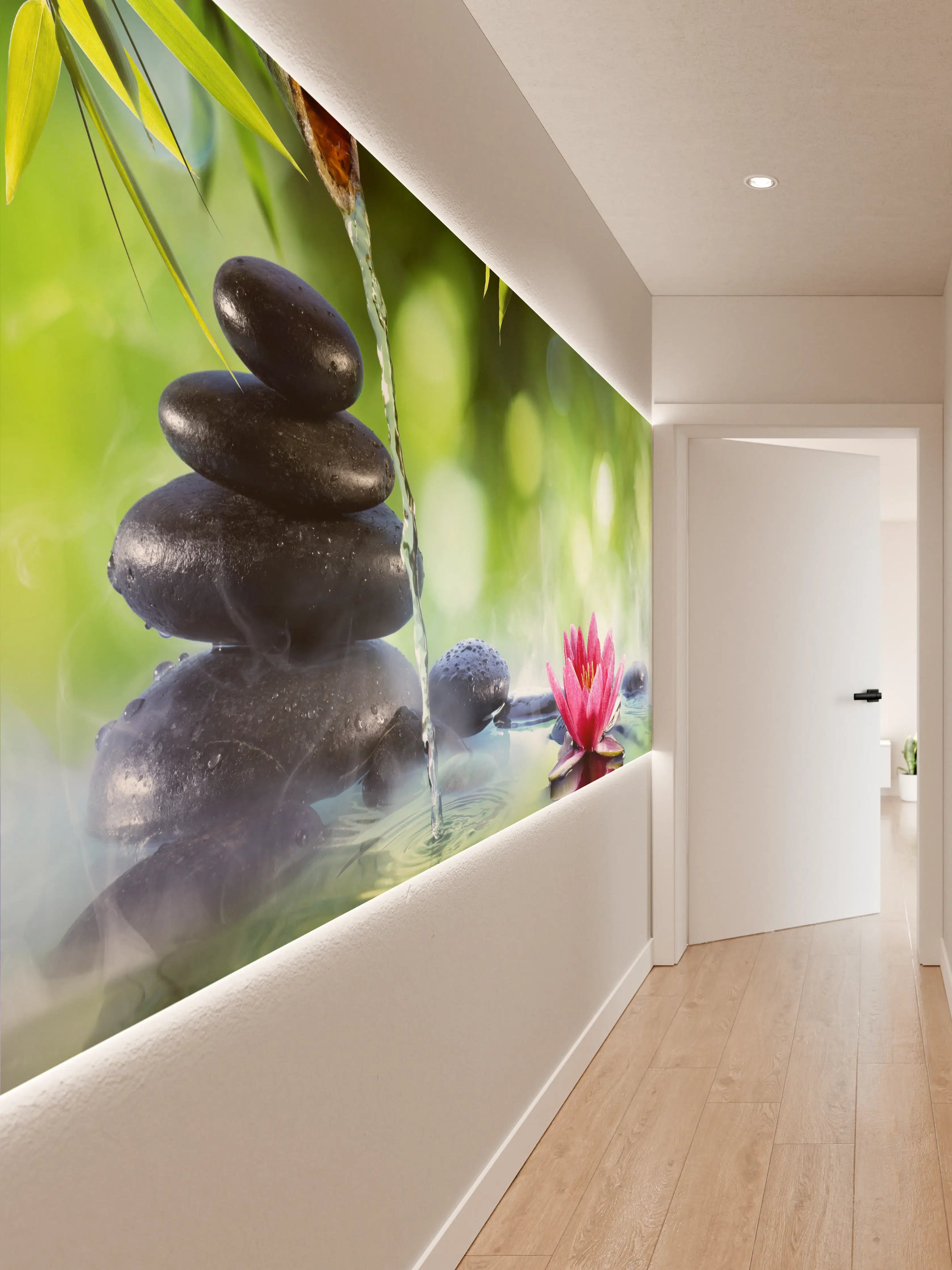Wandverkleidung Flur - Zen Wasserfall mit Lotusblüte