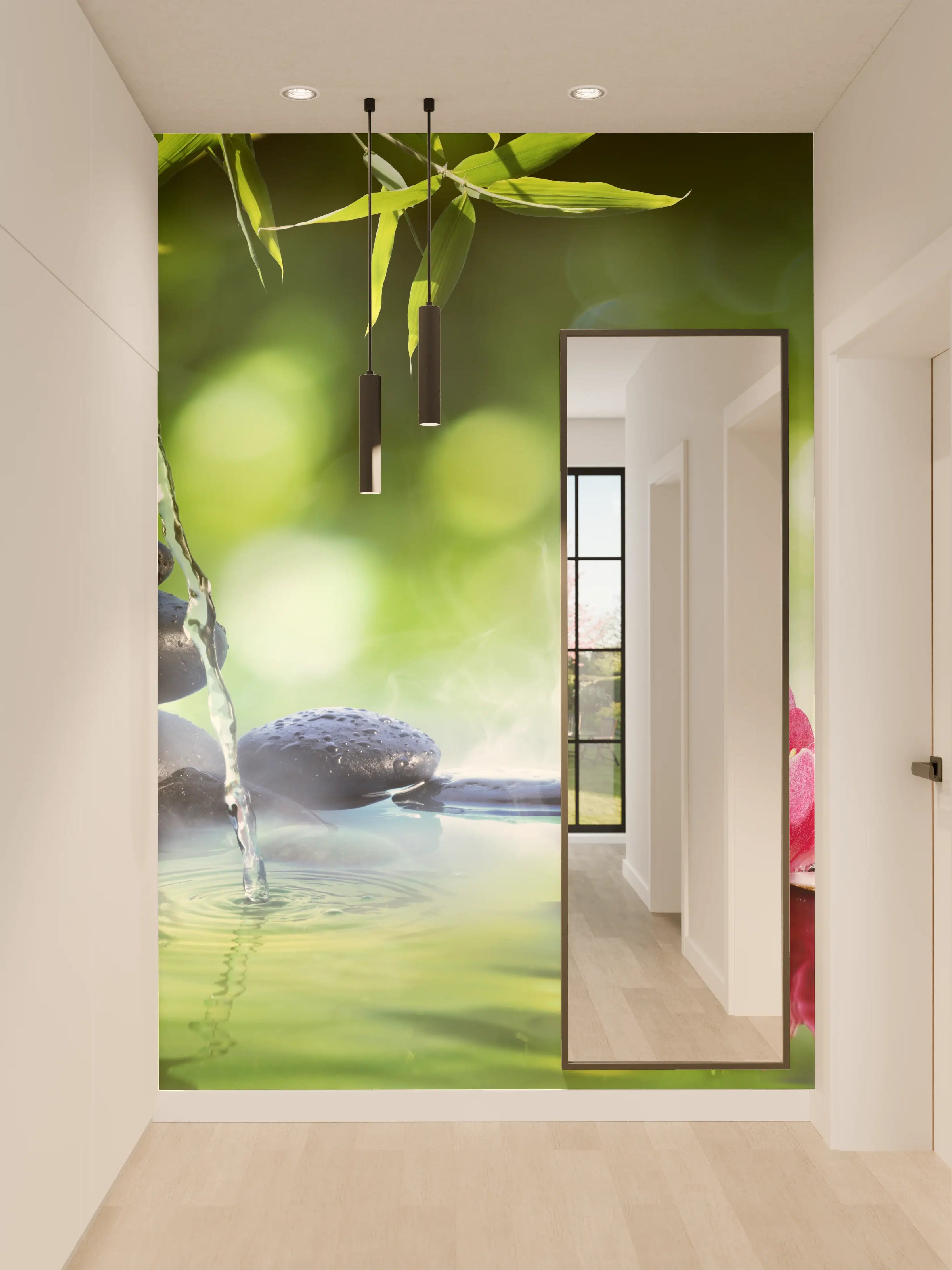 Wandverkleidung Flur - Zen Wasserfall mit Lotusblüte