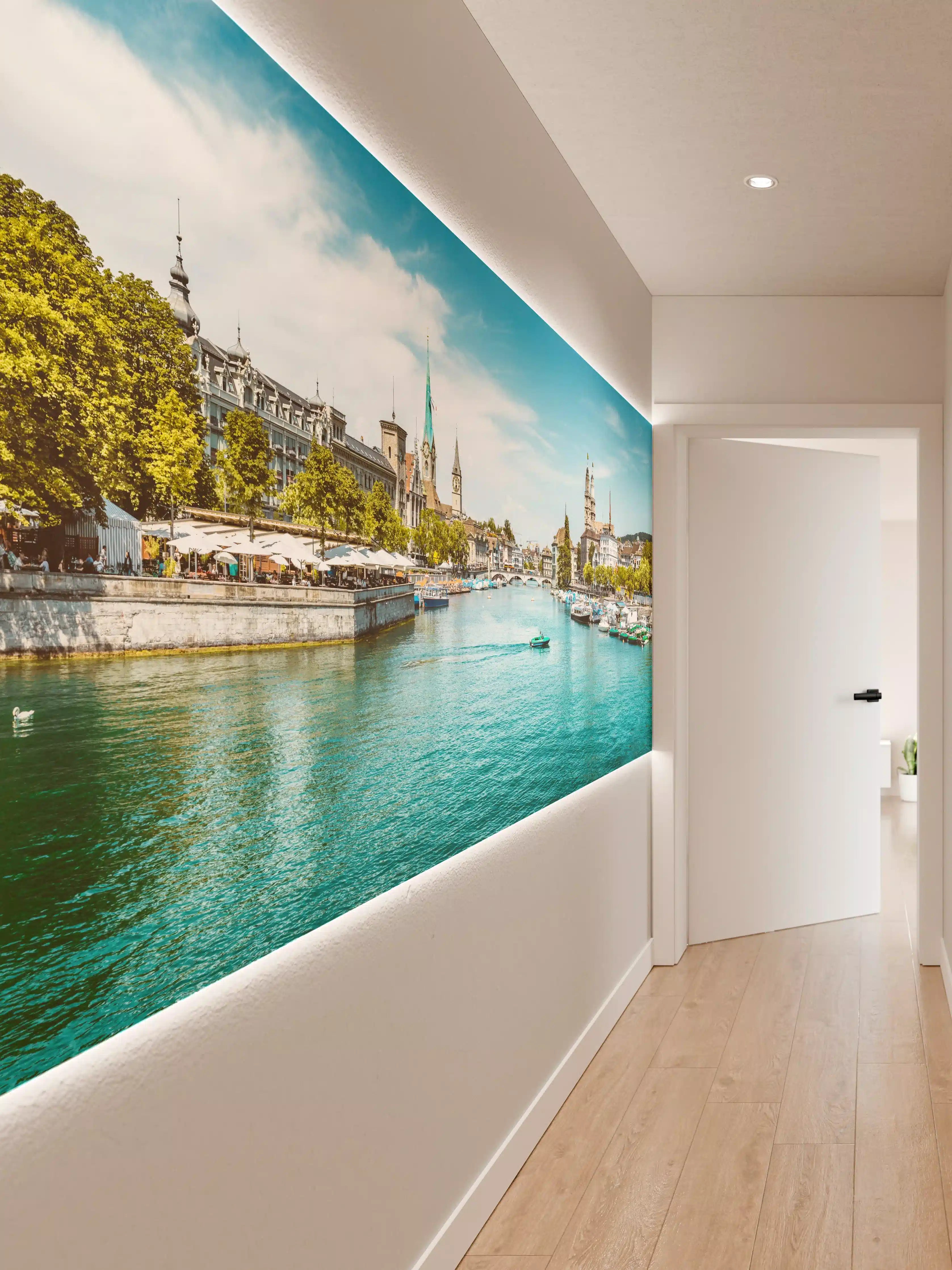 Wandverkleidung Flur - Zürich Skyline Panorama mit Fluss Limmat