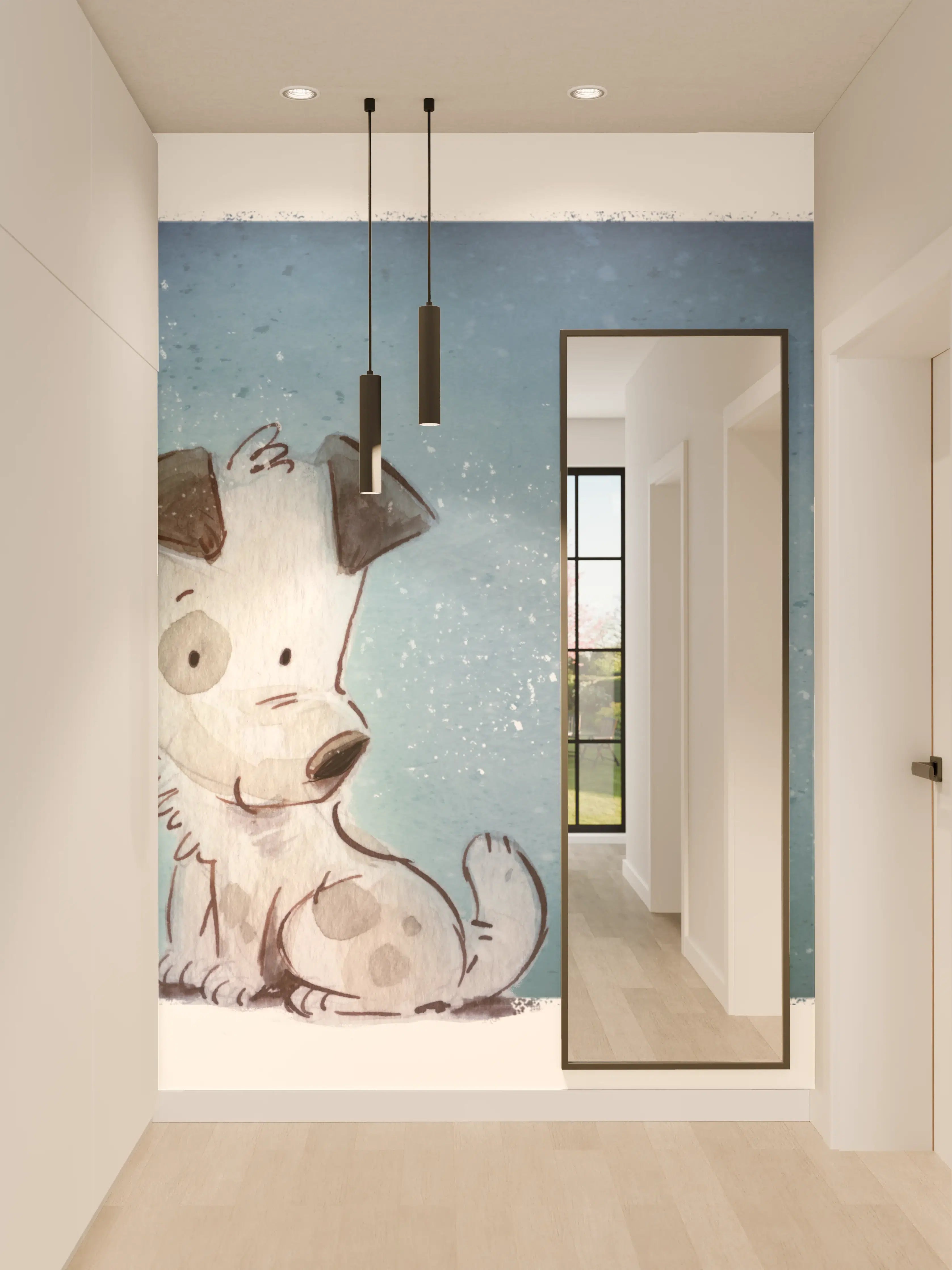 Wandverkleidung Flur - lesendes Mädchen mit Hund und Katze