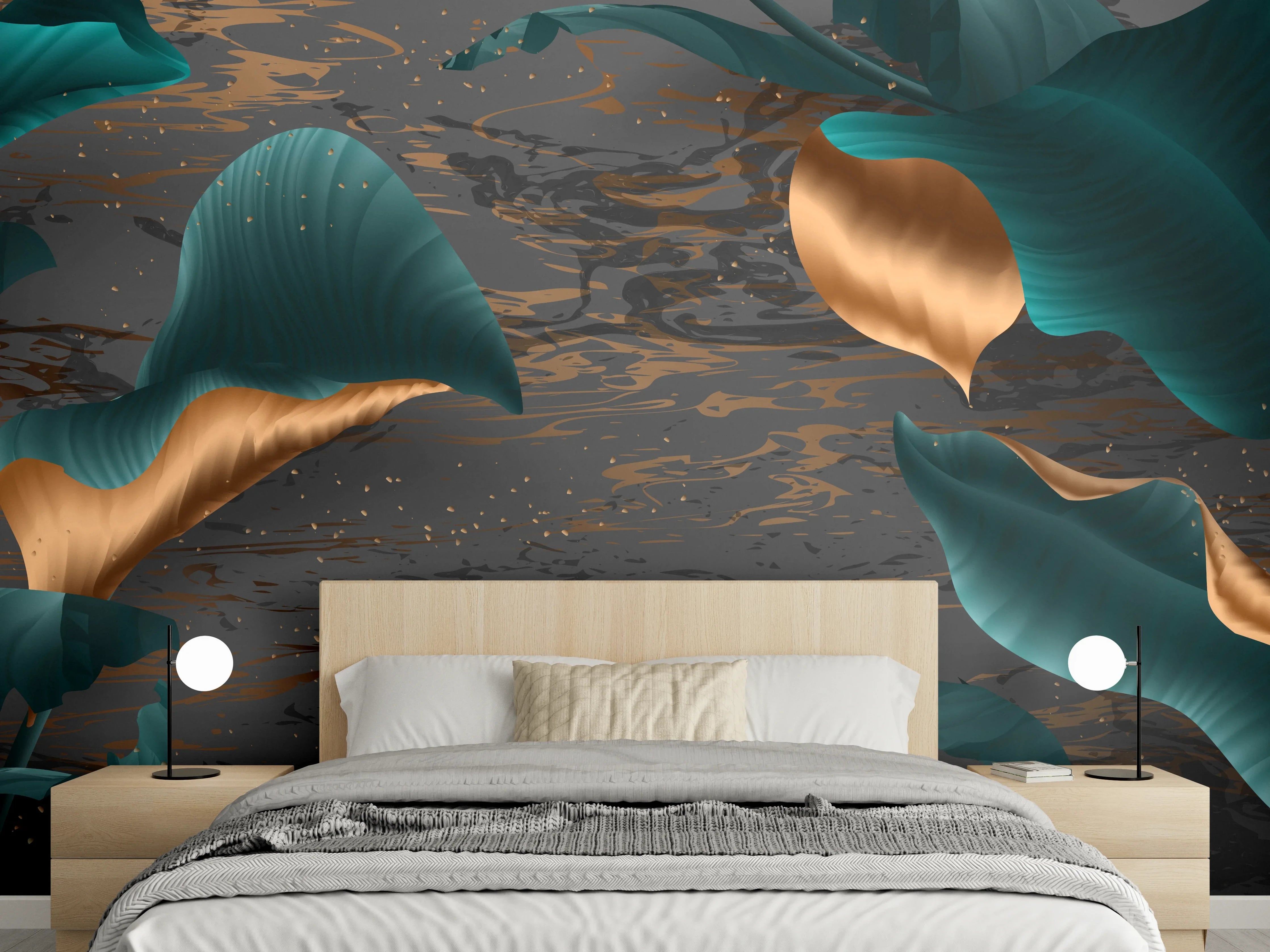 Wandverkleidung Schlafzimmer - Abendlicher Dschungel Goldakzent