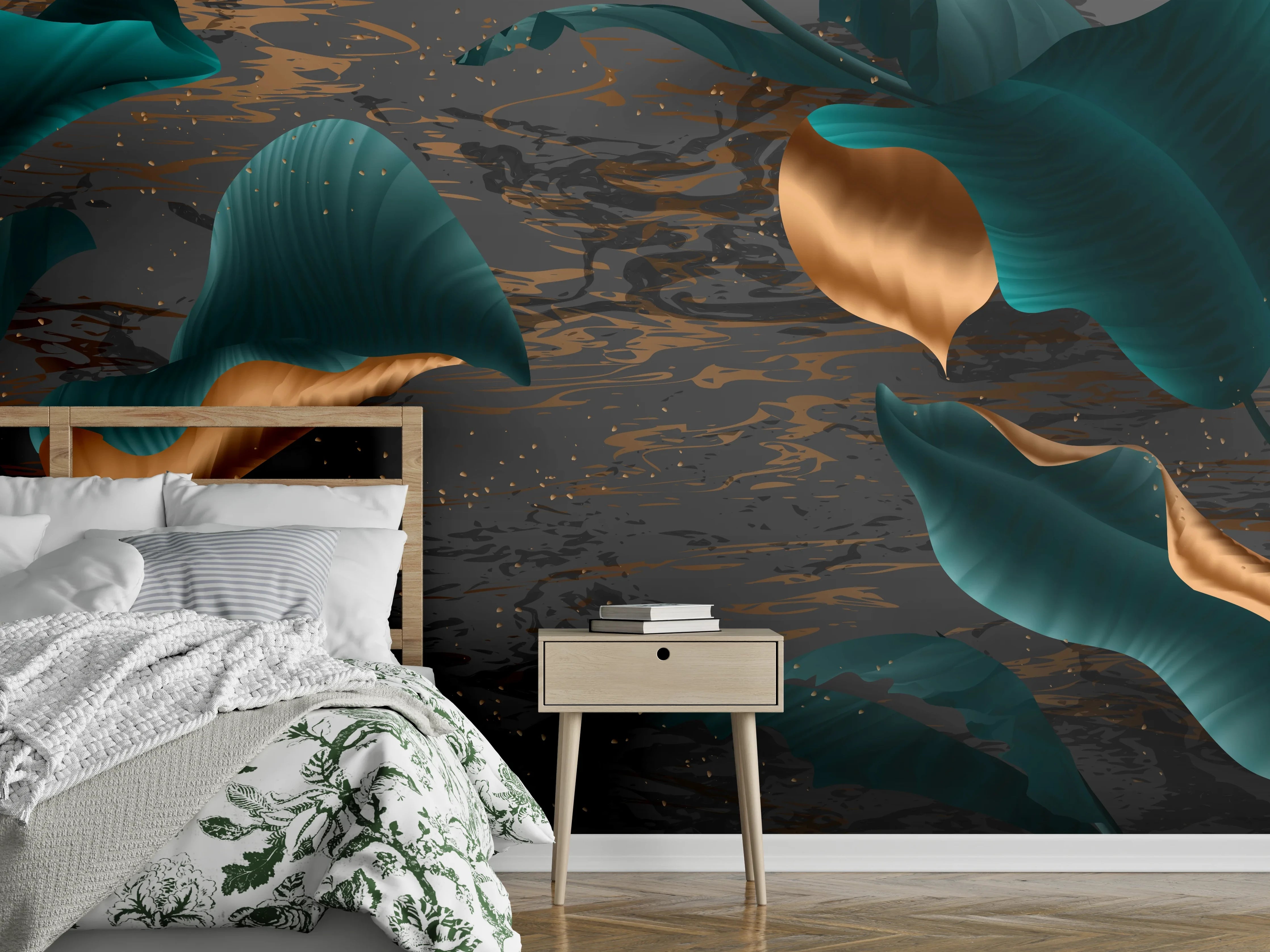 Wandverkleidung Schlafzimmer - Abendlicher Dschungel Goldakzent