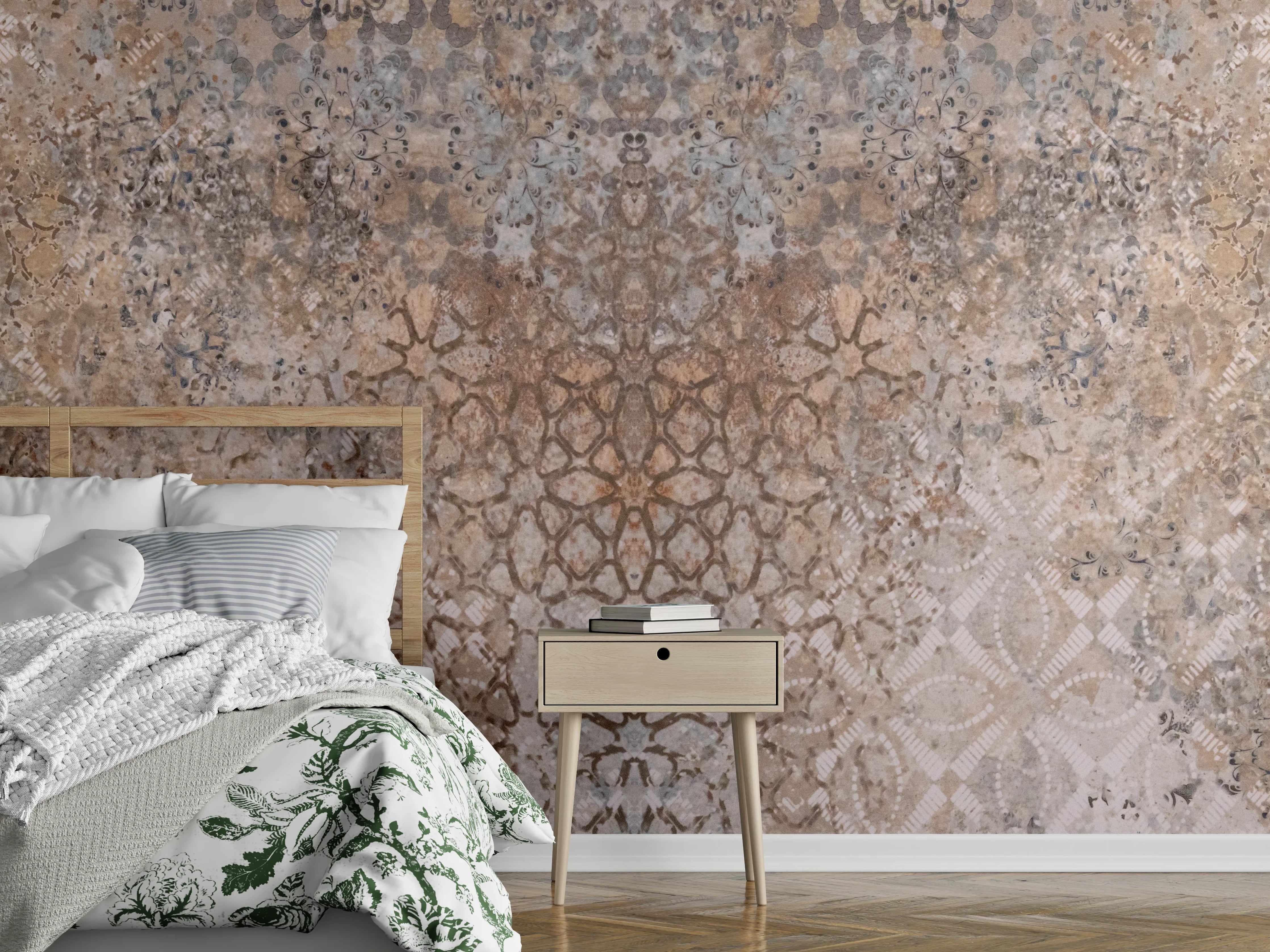 Wandverkleidung Schlafzimmer - Abgenutzte bräunliche Vintage Tapete