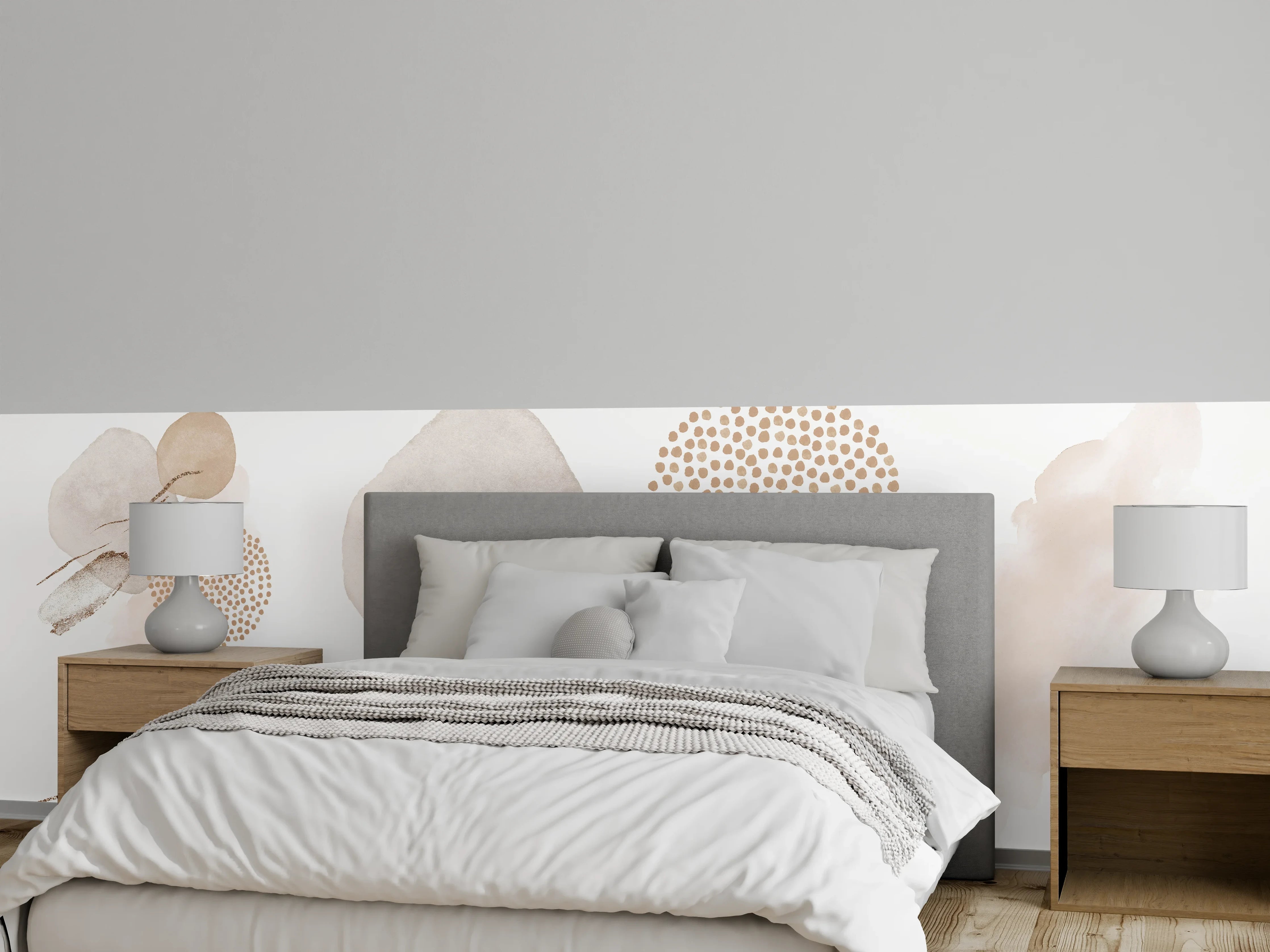 Wandverkleidung Schlafzimmer - Abstrakte Aquarell-Formen Beige Weiß