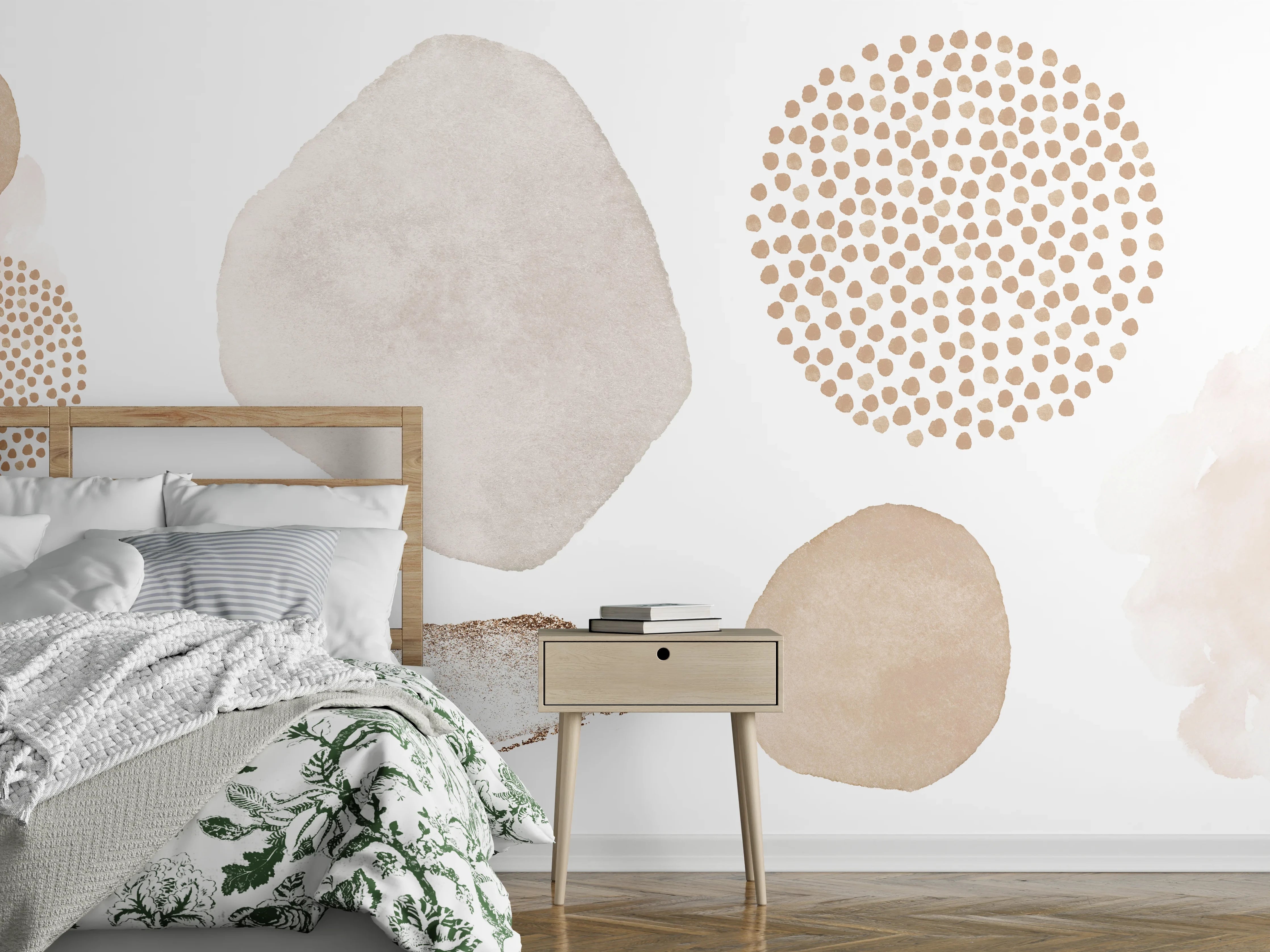 Wandverkleidung Schlafzimmer - Abstrakte Aquarell-Formen Beige Weiß