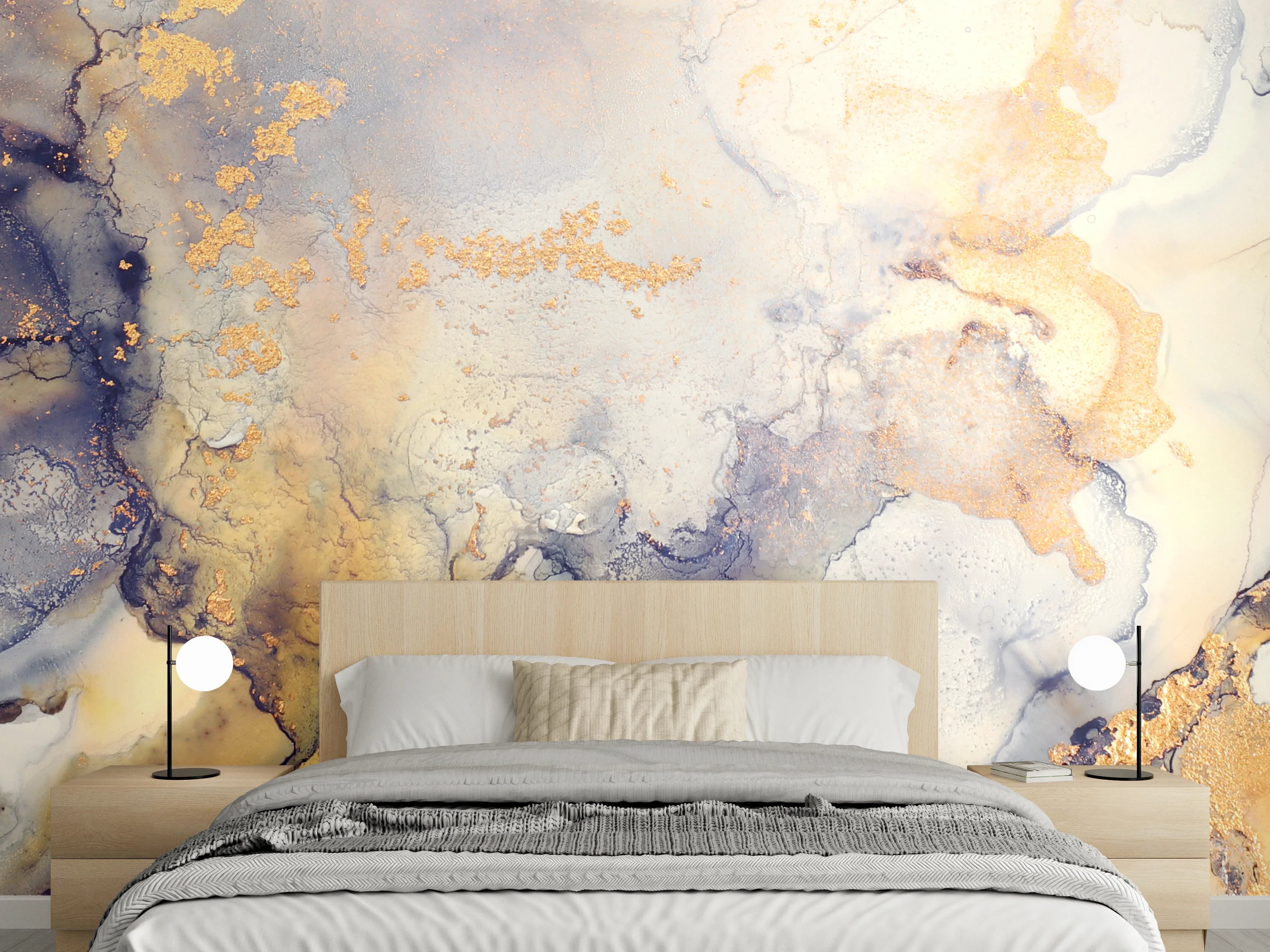 Wandverkleidung Schlafzimmer - Abstrakte Aquarell-Marmoroptik in Gold