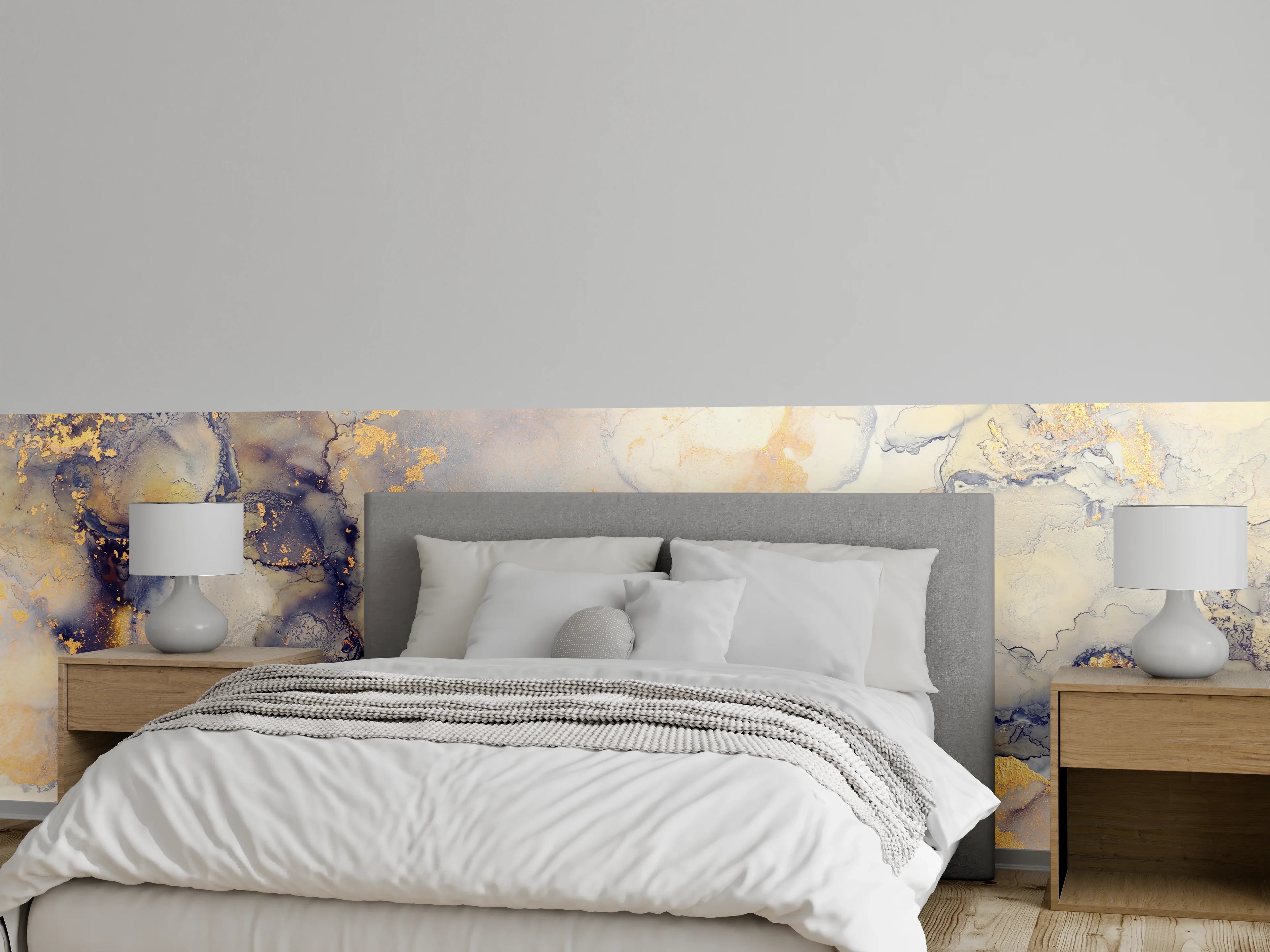 Wandverkleidung Schlafzimmer - Abstrakte Aquarell-Marmoroptik in Gold