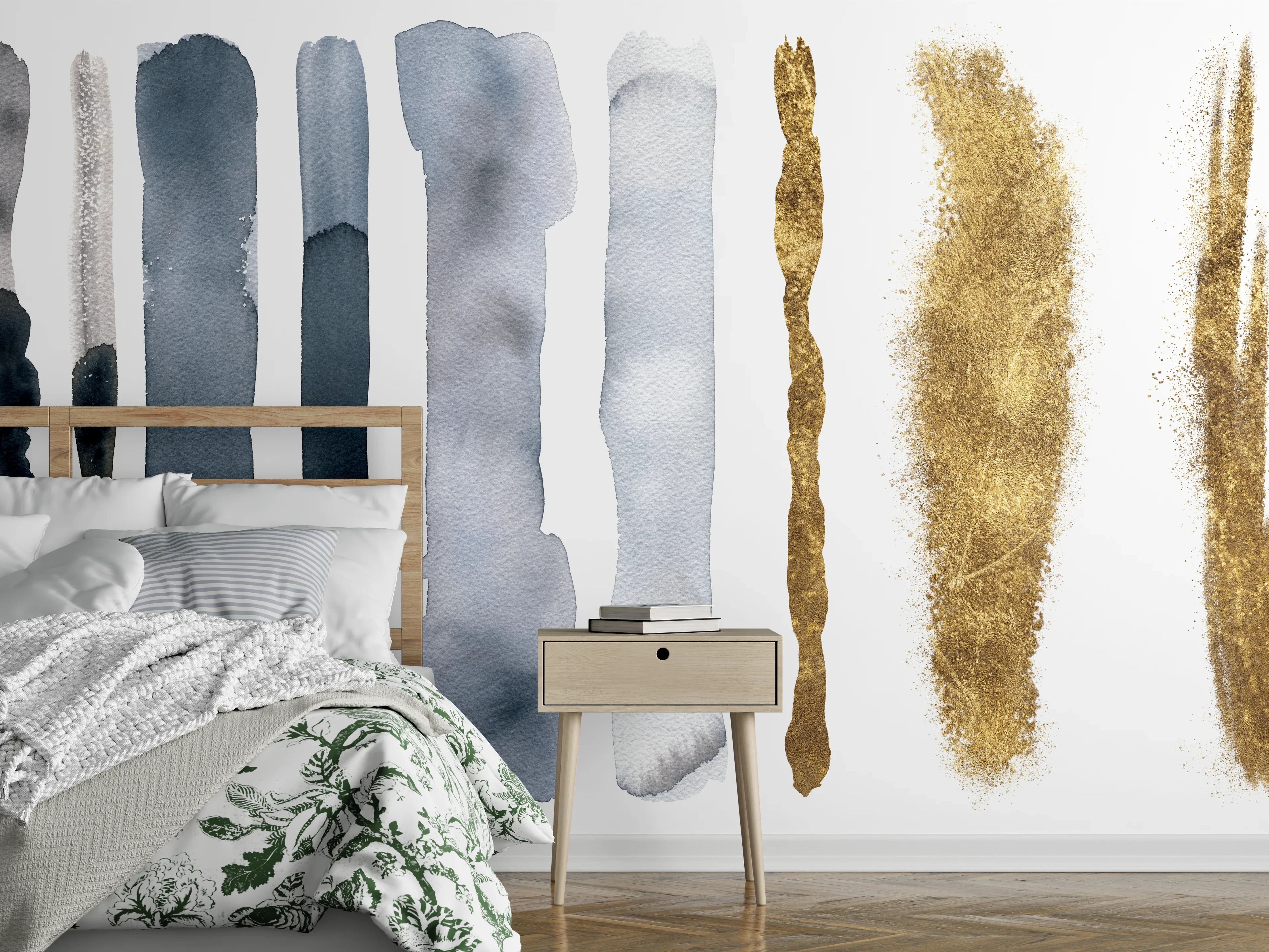 Wandverkleidung Schlafzimmer - Abstrakte Aquarell-Streifen in Blau und Gold