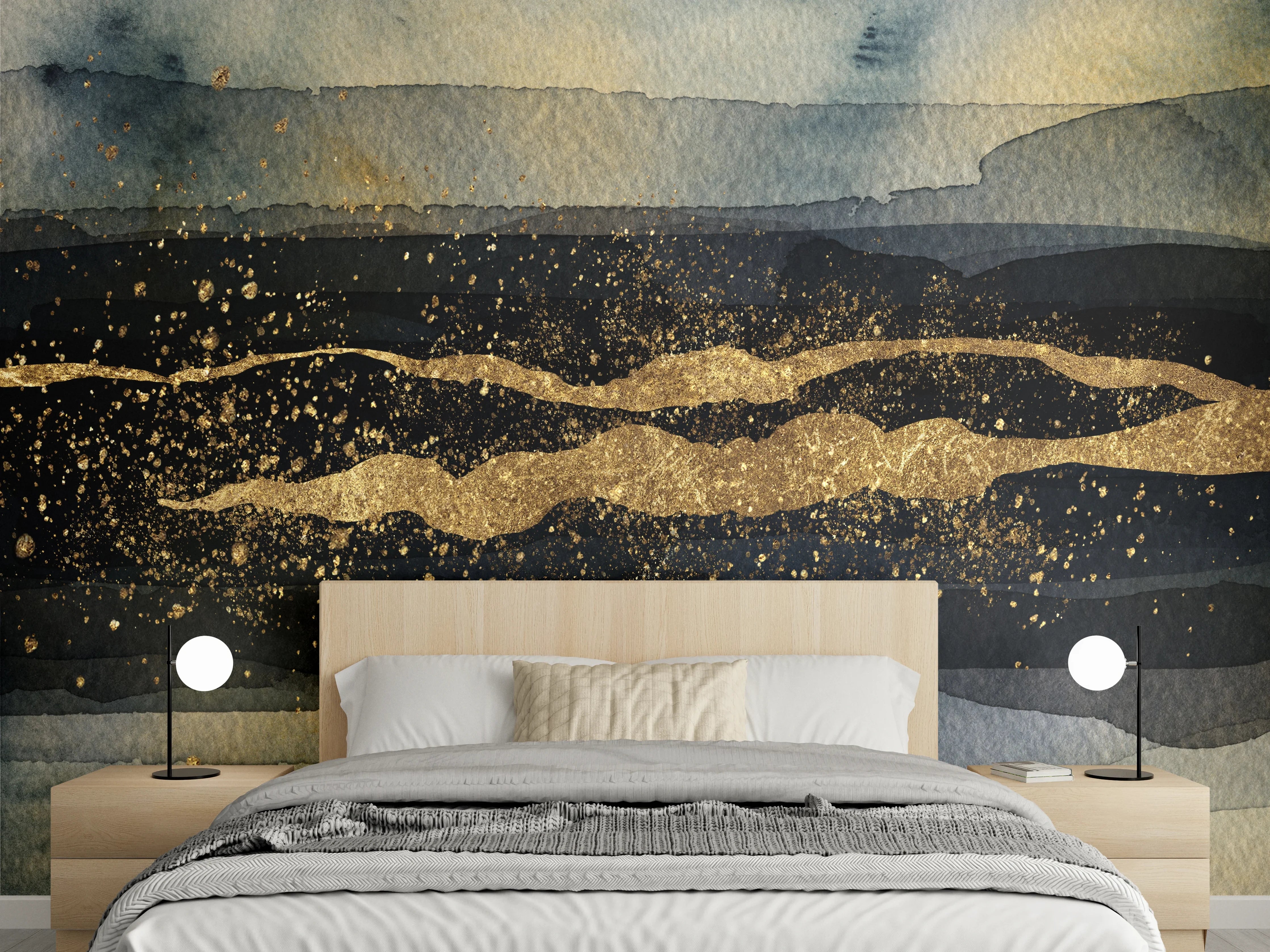 Wandverkleidung Schlafzimmer - Abstrakte Aquarellkunst mit Goldakzenten