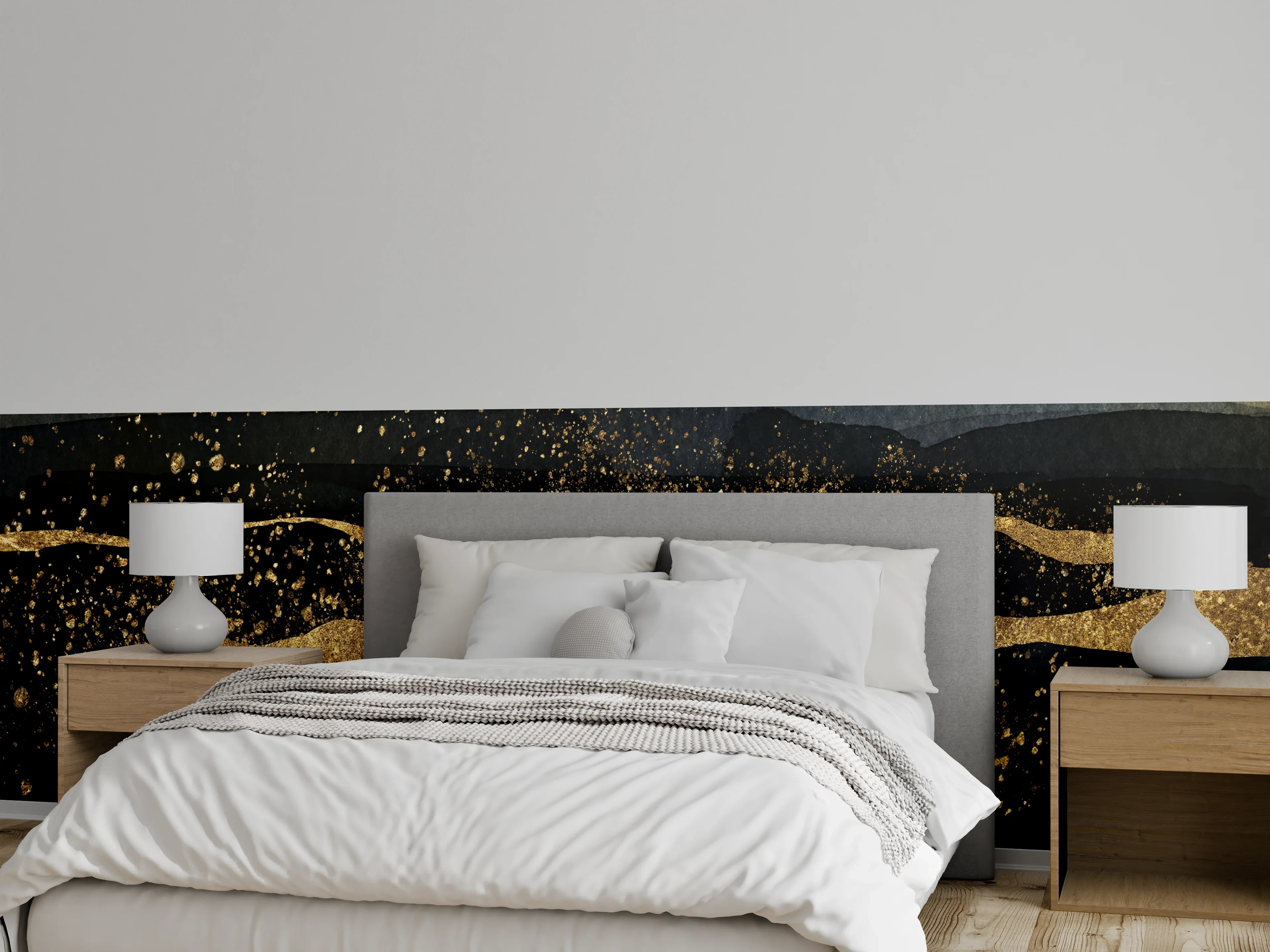 Wandverkleidung Schlafzimmer - Abstrakte Aquarellkunst mit Goldakzenten