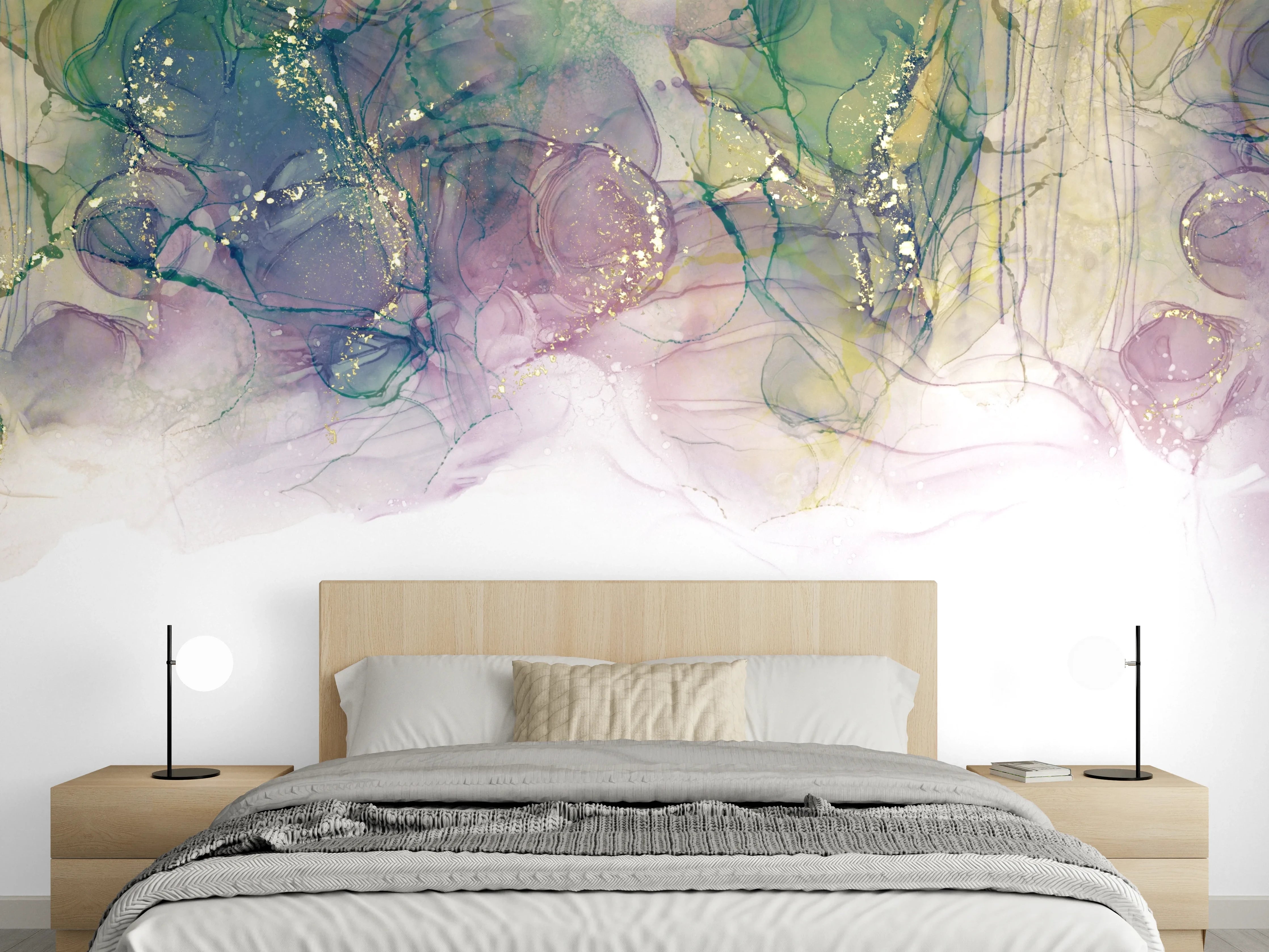 Wandverkleidung Schlafzimmer - Abstrakte Aquarellkunst mit lila Akzenten