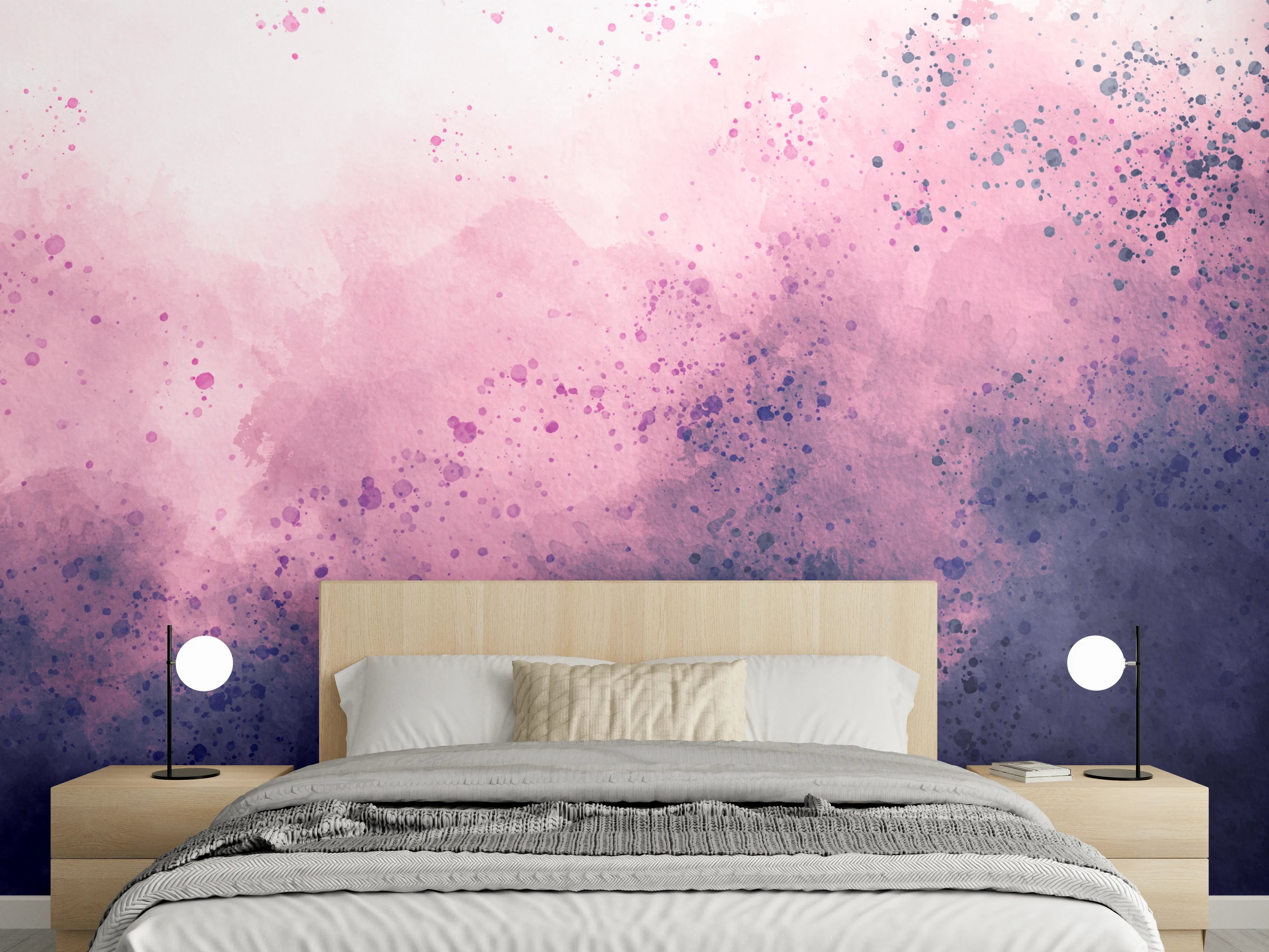 Wandverkleidung Schlafzimmer - Abstrakte Aquarellwand in Lila und Pink