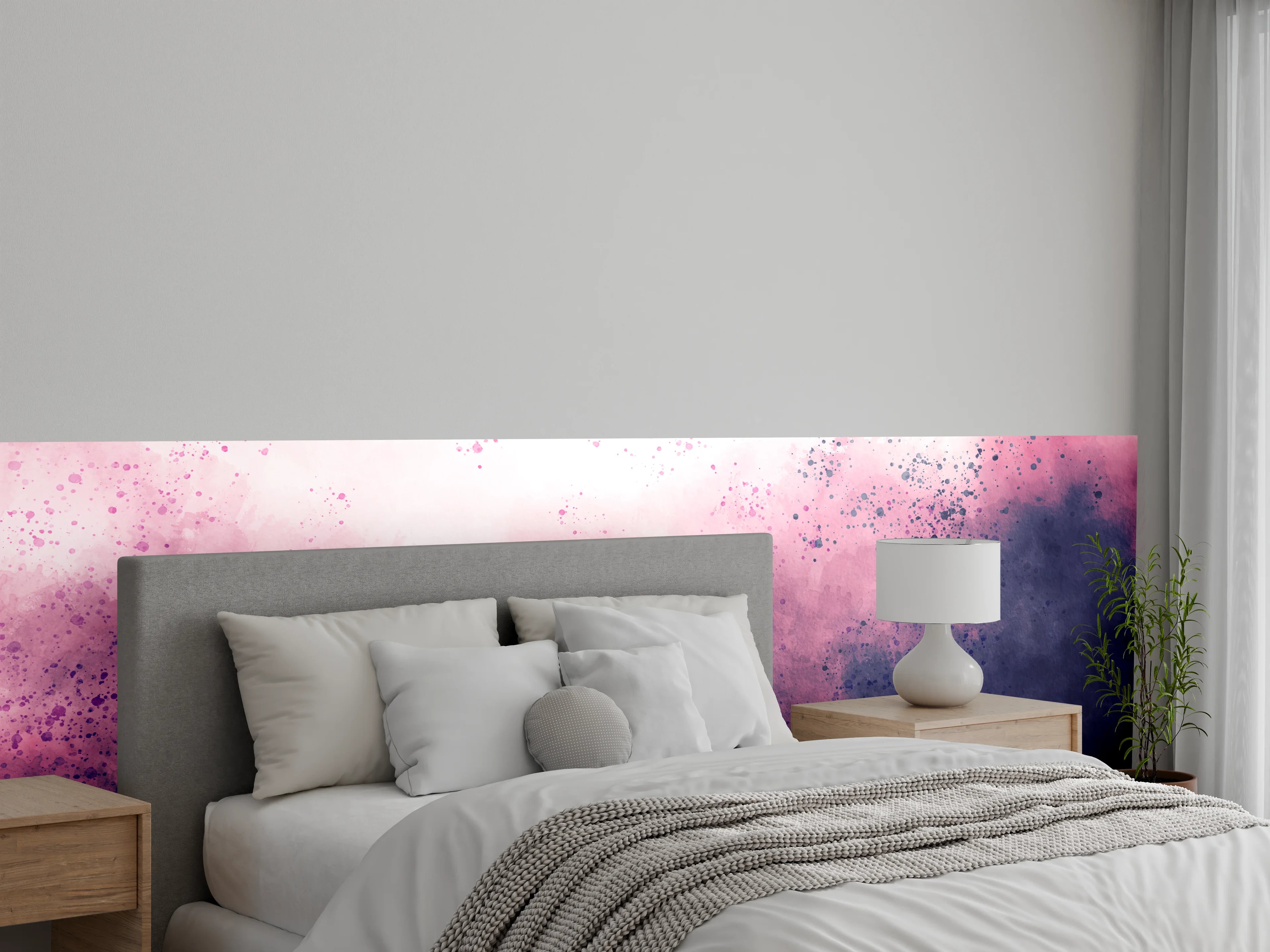 Wandverkleidung Schlafzimmer - Abstrakte Aquarellwand in Lila und Pink