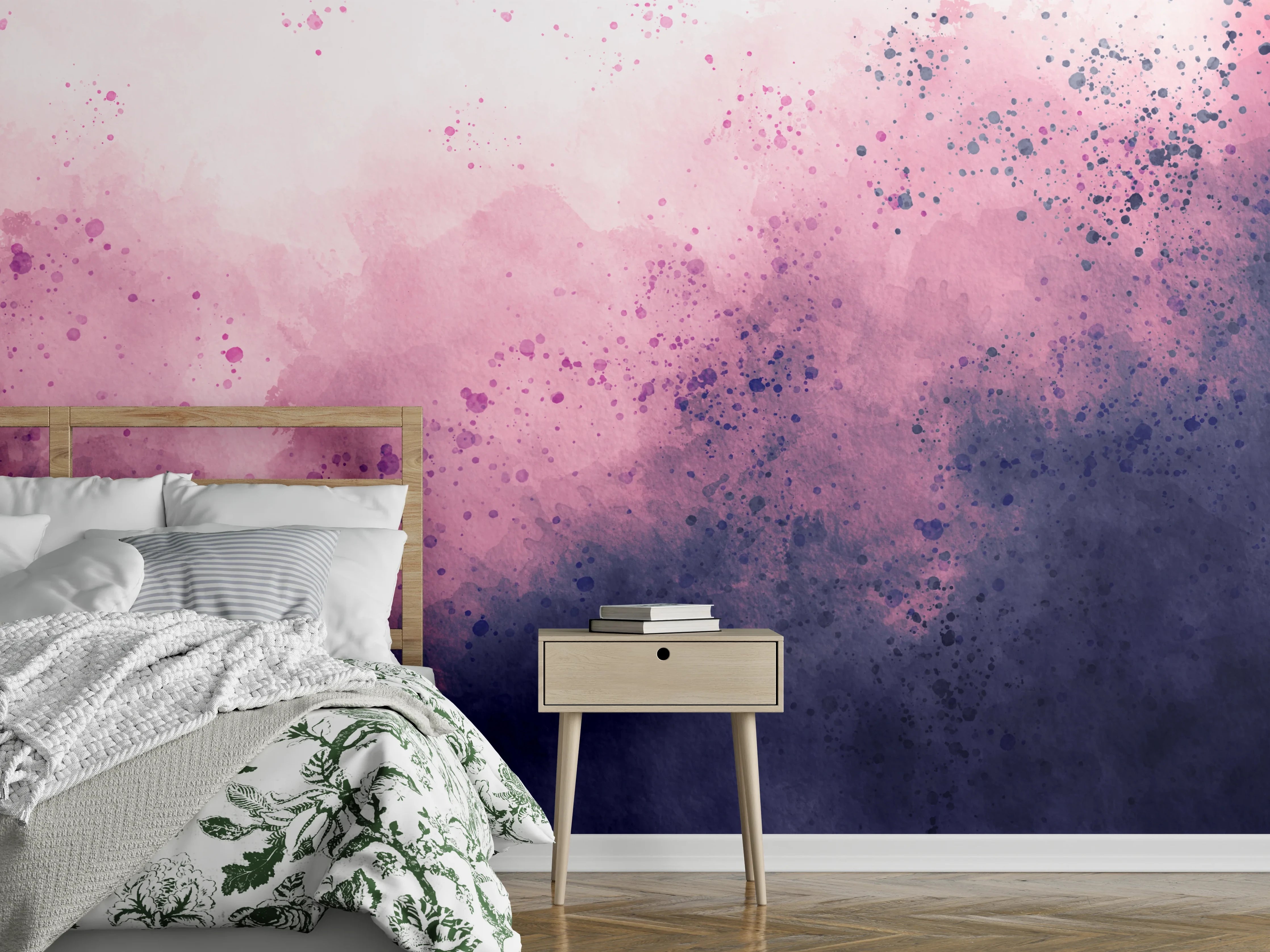 Wandverkleidung Schlafzimmer - Abstrakte Aquarellwand in Lila und Pink