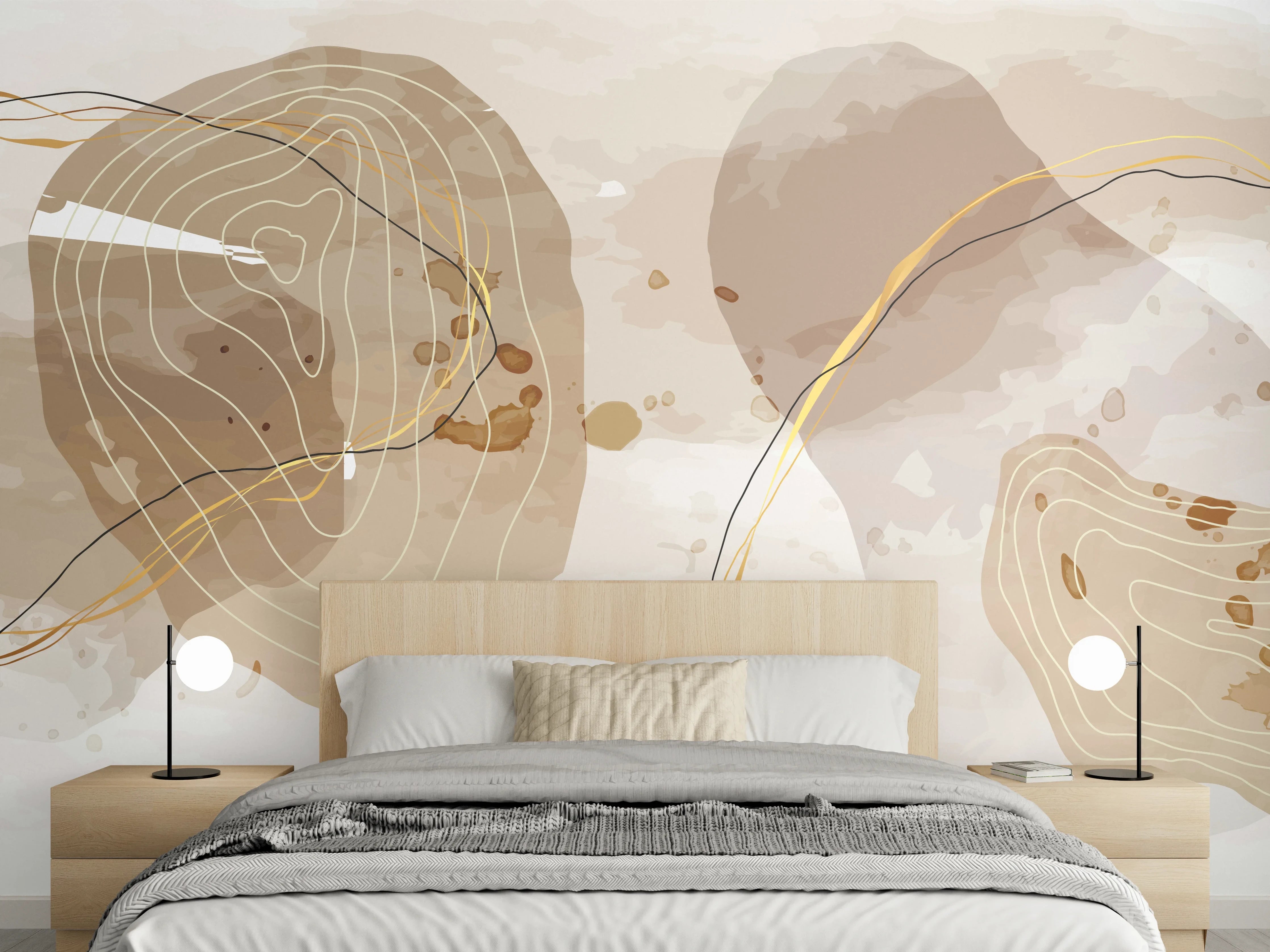 Wandverkleidung Schlafzimmer - Abstrakte Beige-Braune Linienkunst