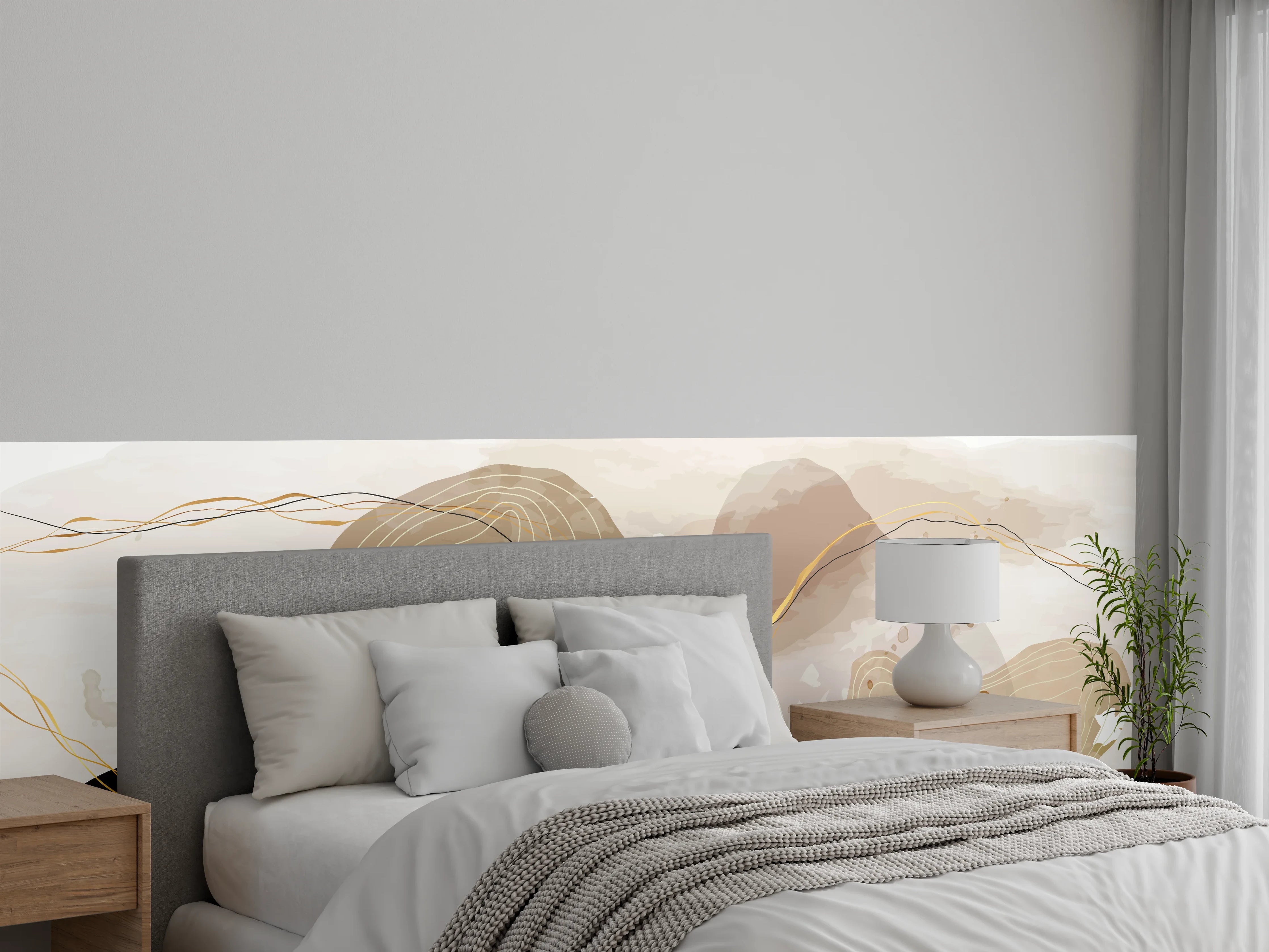Wandverkleidung Schlafzimmer - Abstrakte Beige-Braune Linienkunst