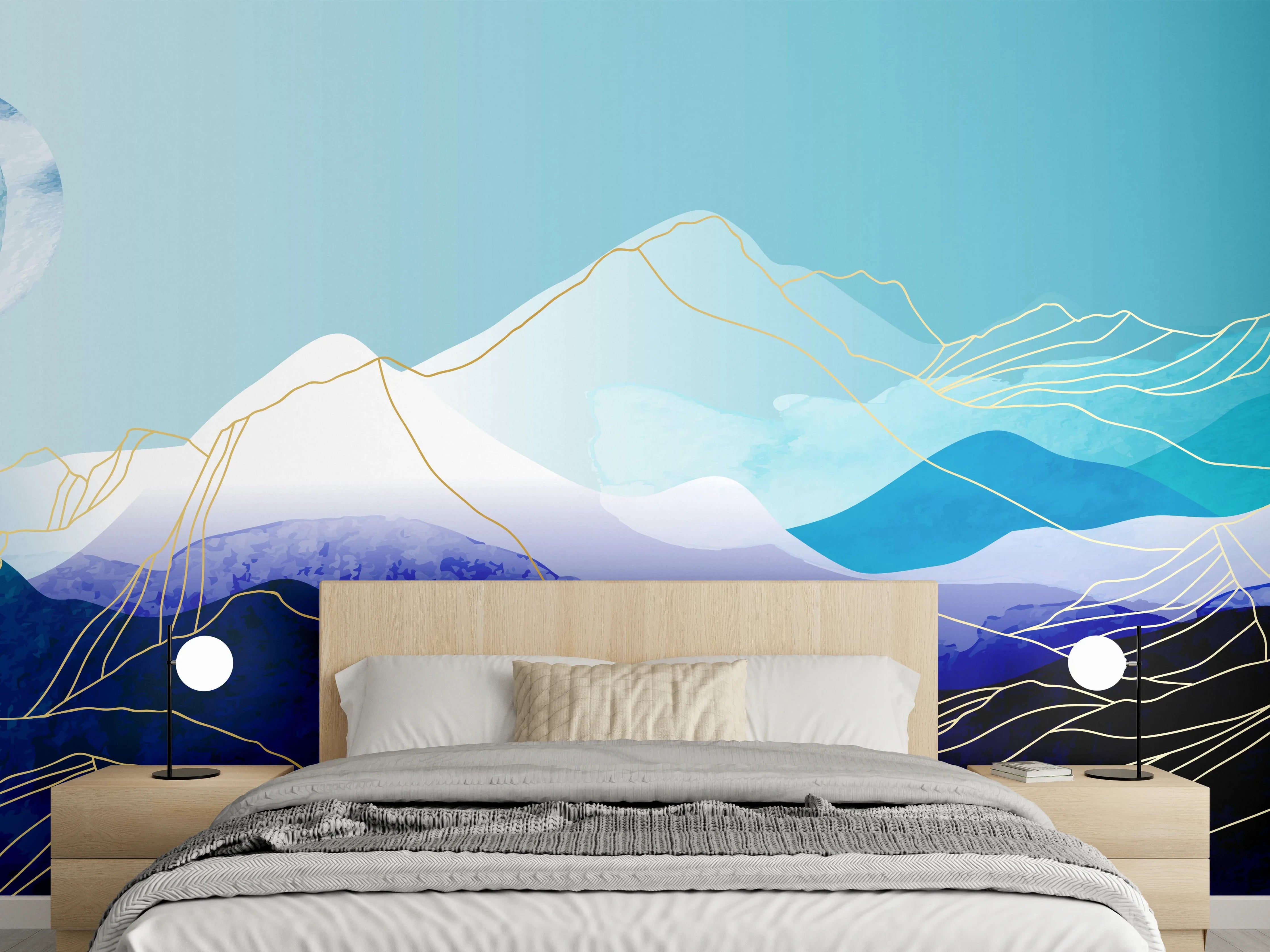 Wandverkleidung Schlafzimmer - Abstrakte Berglandschaft in Blautönen