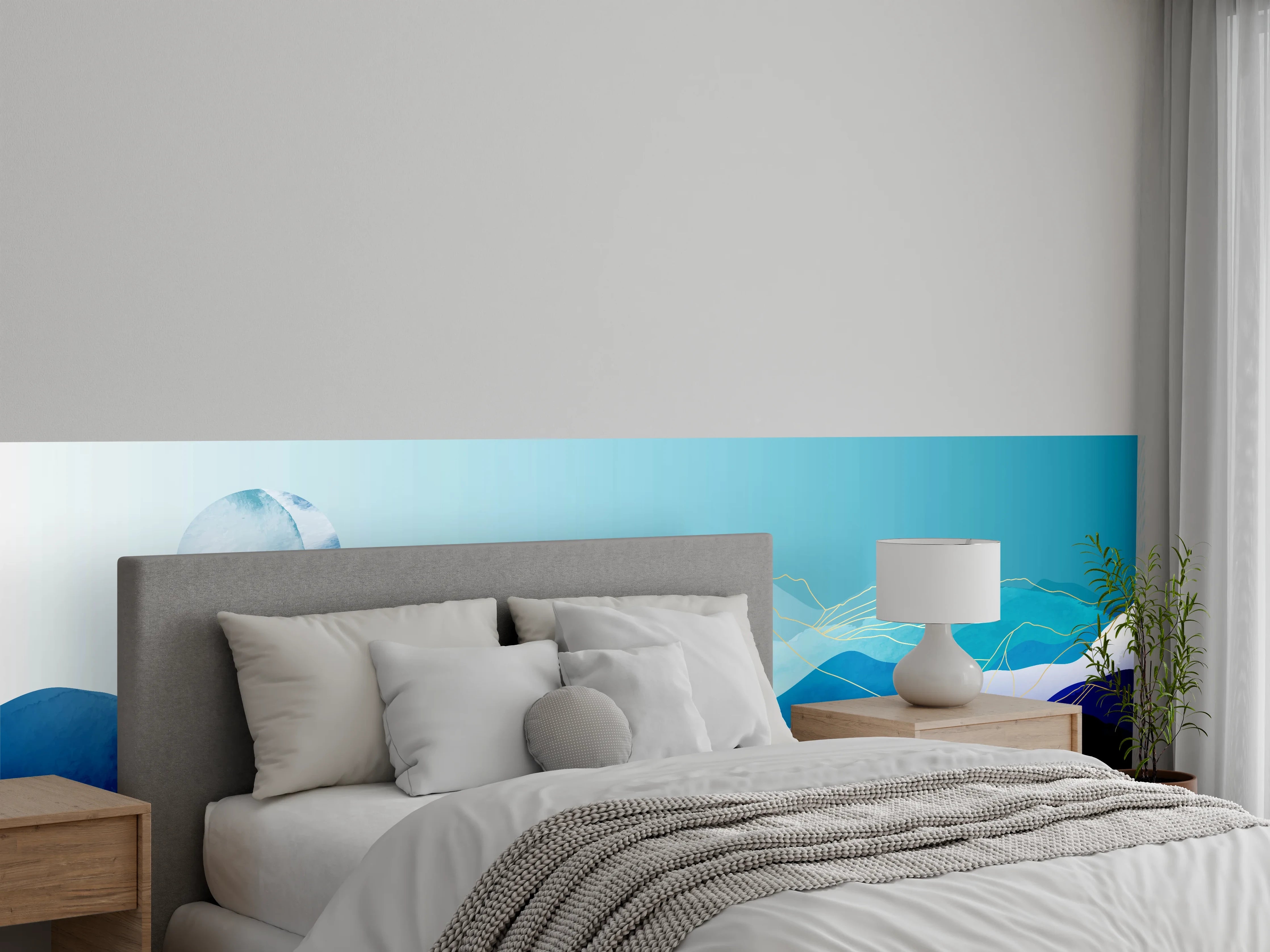 Wandverkleidung Schlafzimmer - Abstrakte Berglandschaft in Blautönen