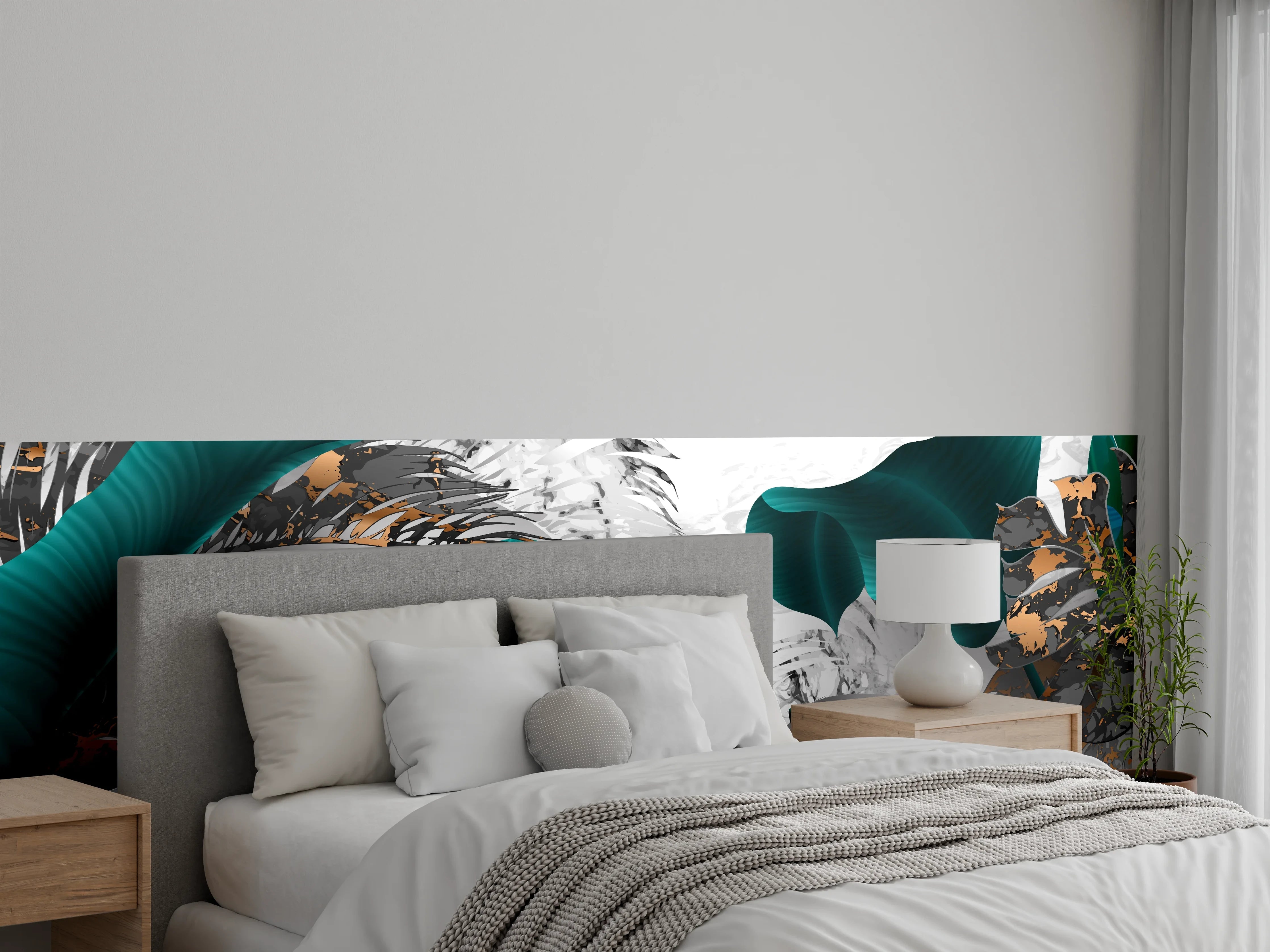 Wandverkleidung Schlafzimmer - Abstrakte Blatt Gold Grau Kunst