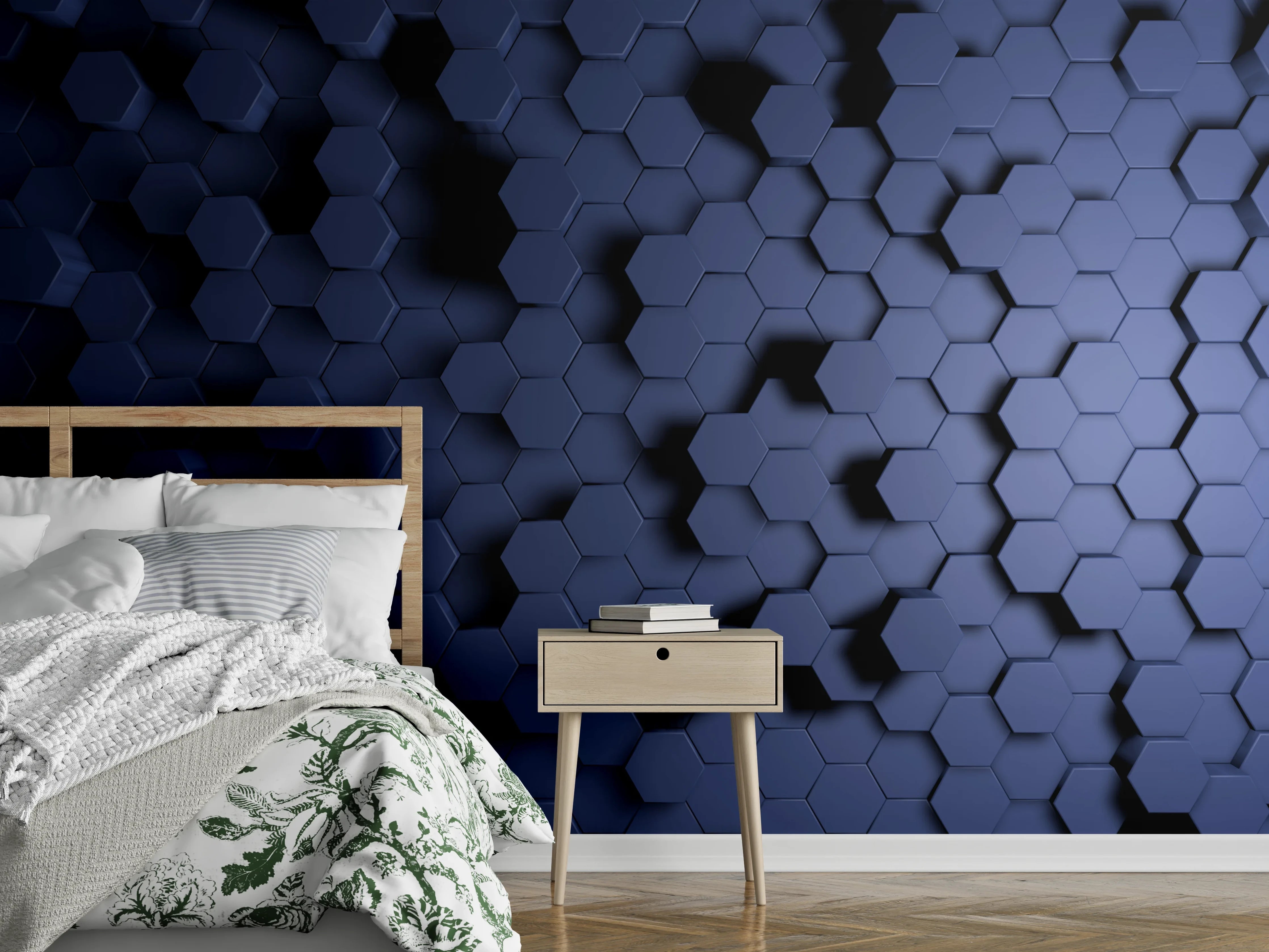 Wandverkleidung Schlafzimmer - Abstrakte Blau-Hexagon-Struktur