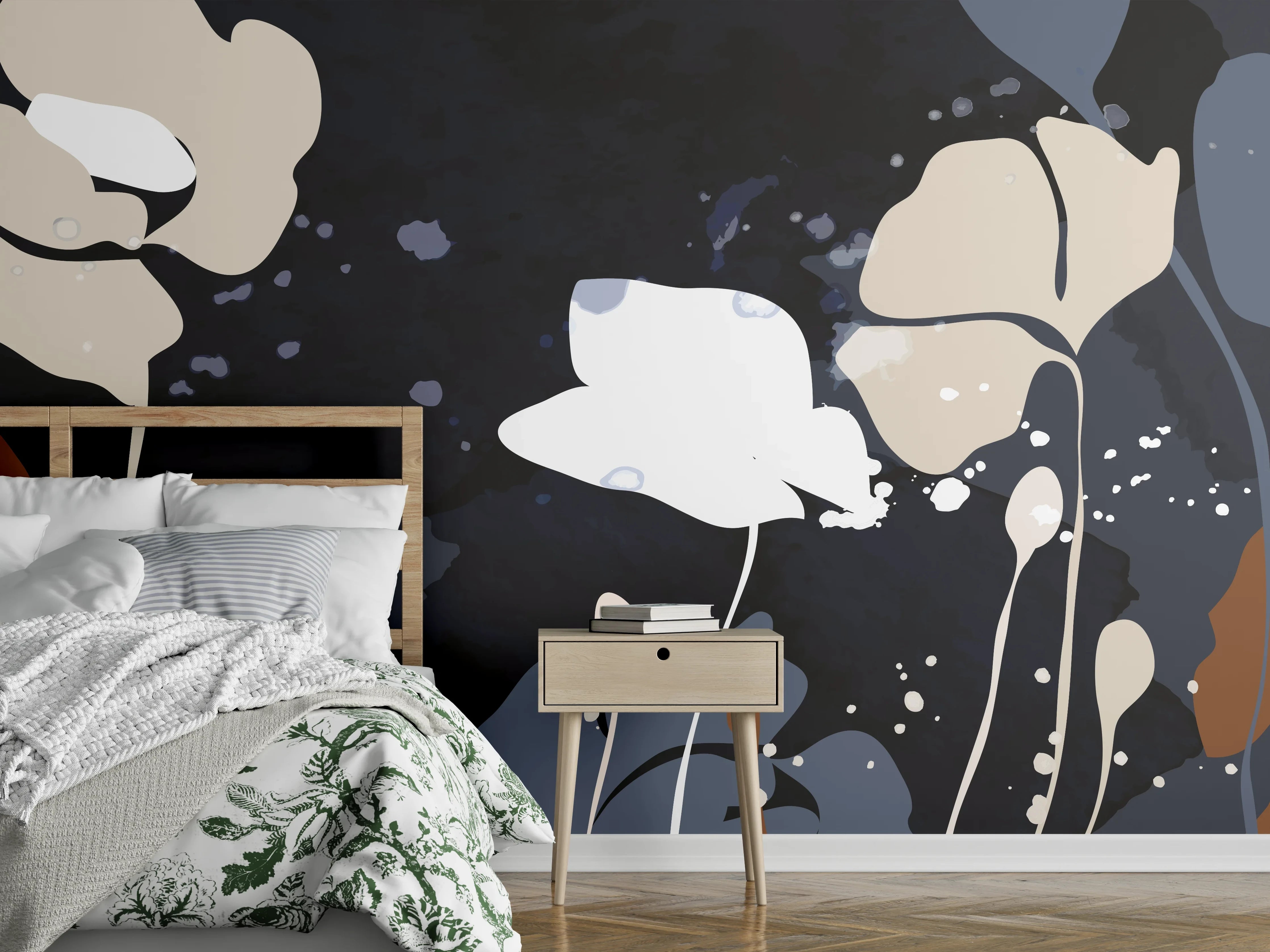 Wandverkleidung Schlafzimmer - Abstrakte Blumen Dunkles Design