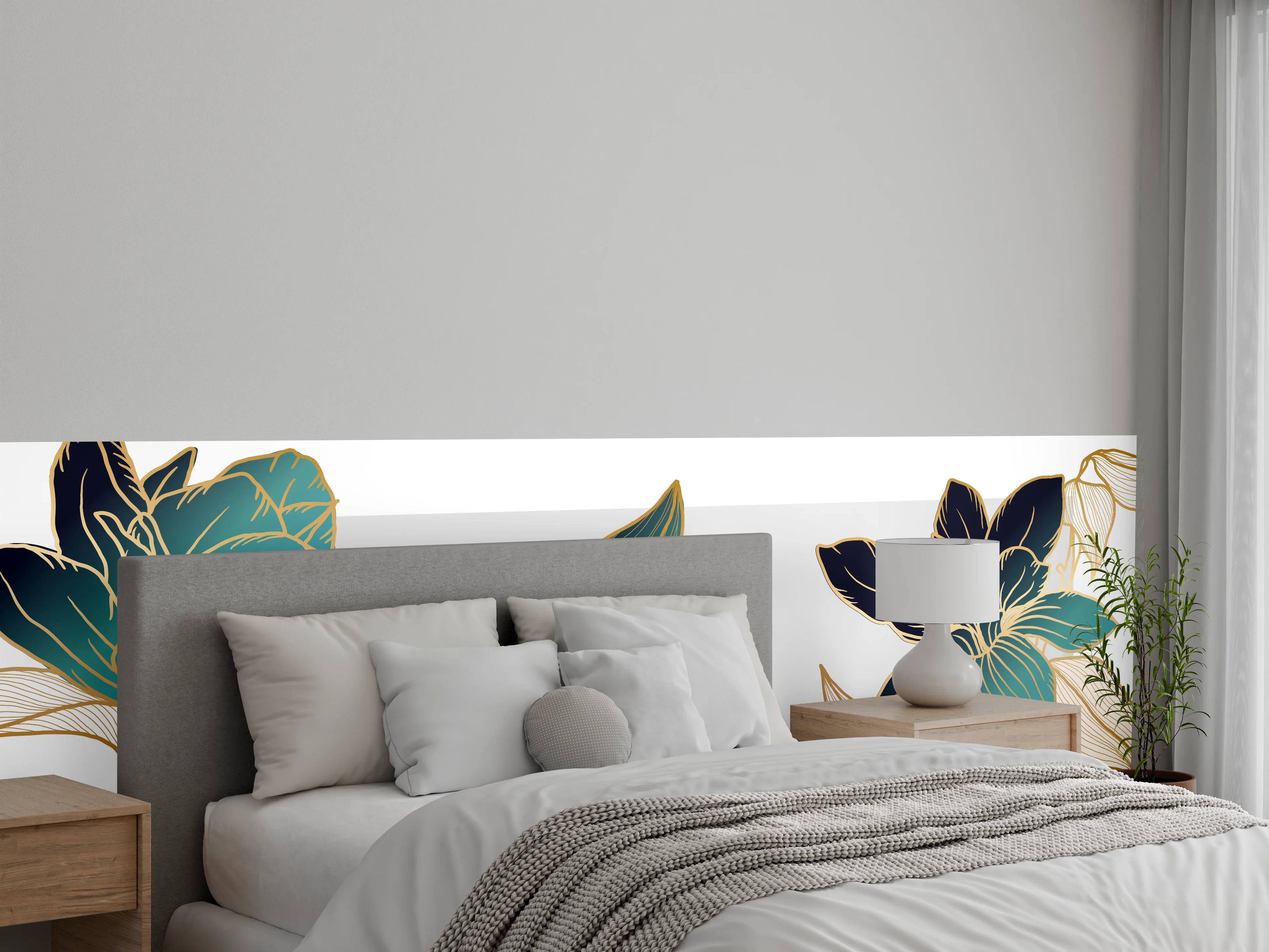 Wandverkleidung Schlafzimmer - Abstrakte Blumen Gold-Blau Illustration