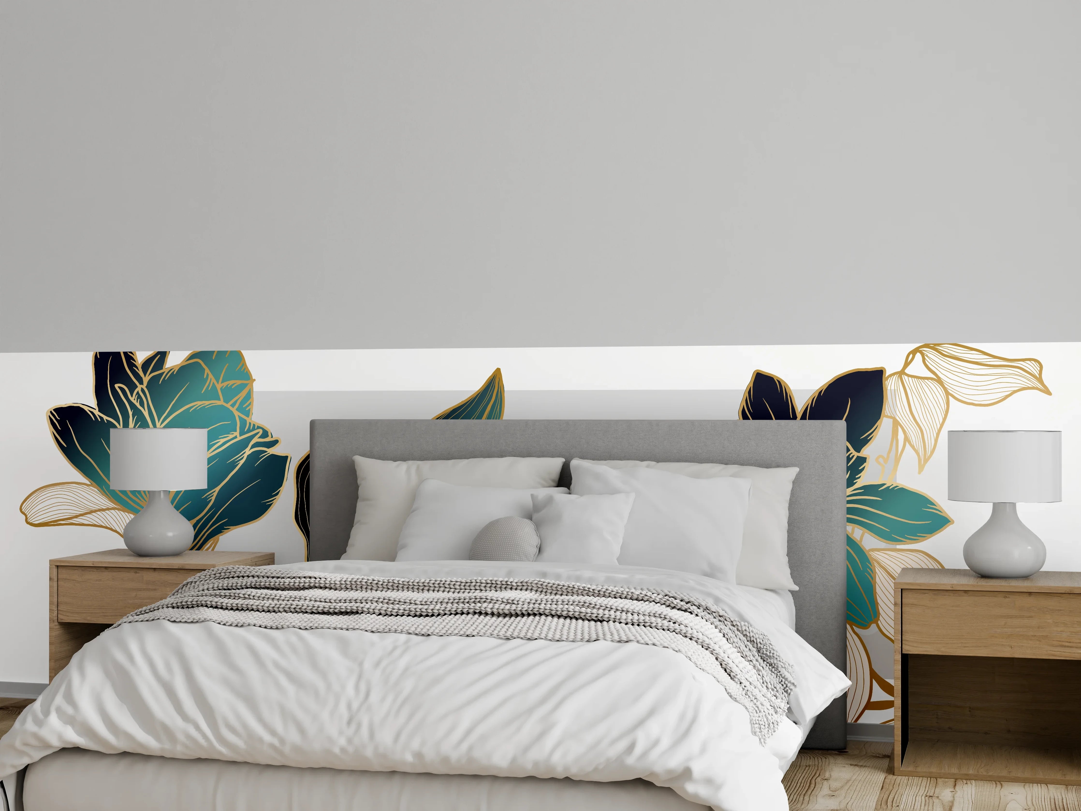 Wandverkleidung Schlafzimmer - Abstrakte Blumen Gold-Blau Illustration
