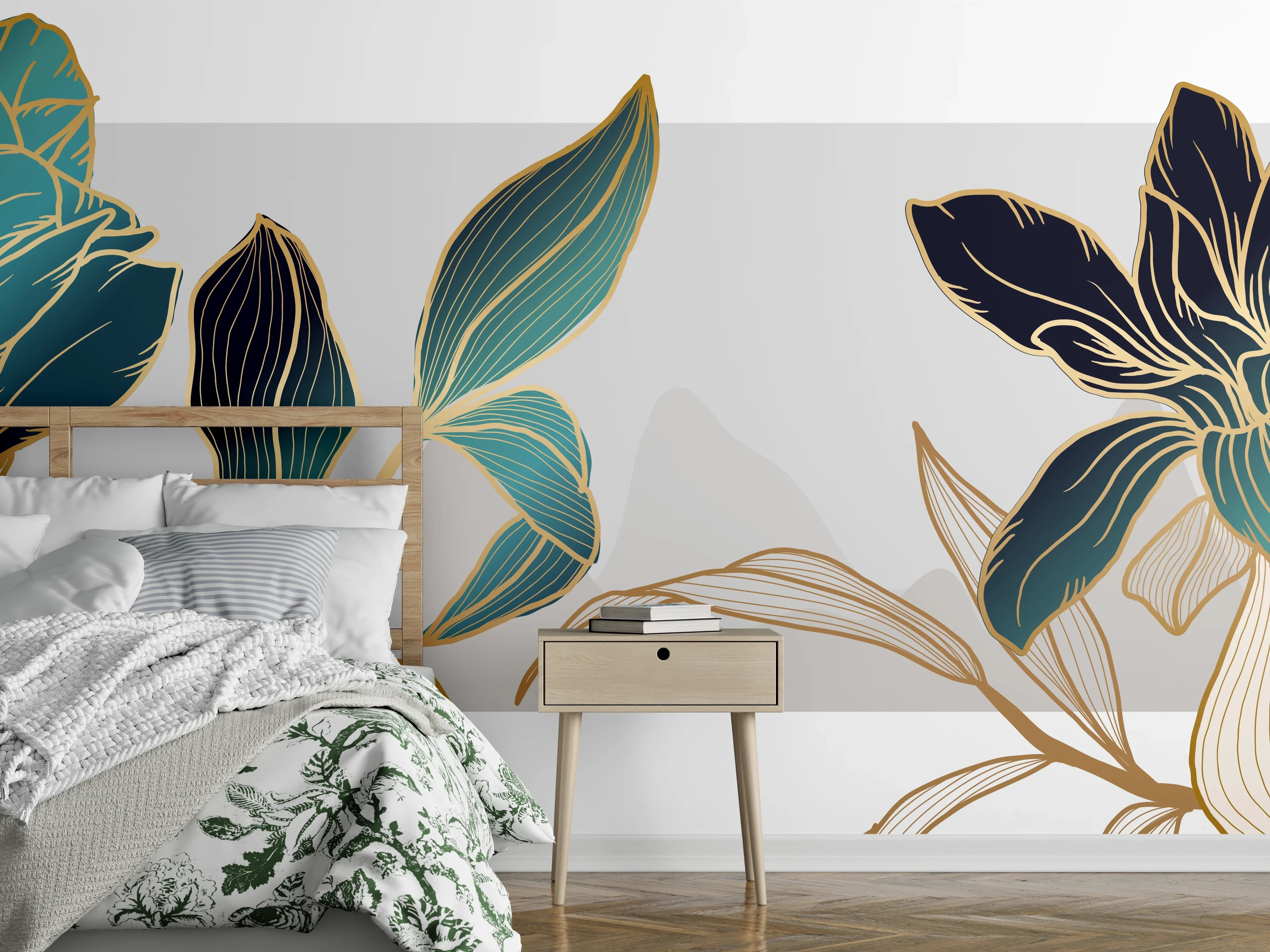 Wandverkleidung Schlafzimmer - Abstrakte Blumen Gold-Blau Illustration