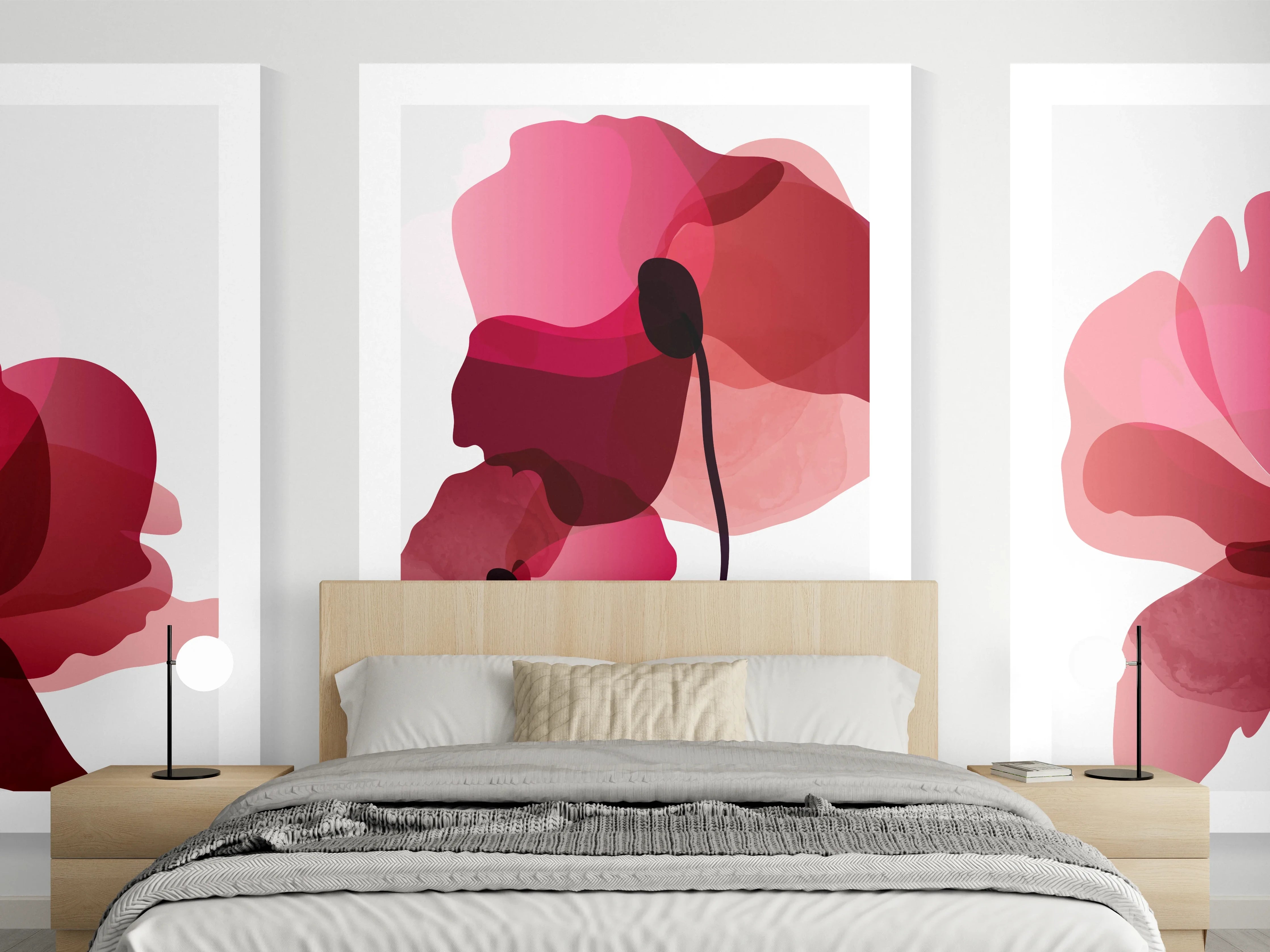 Wandverkleidung Schlafzimmer - Abstrakte Blumen Triptychon Rot