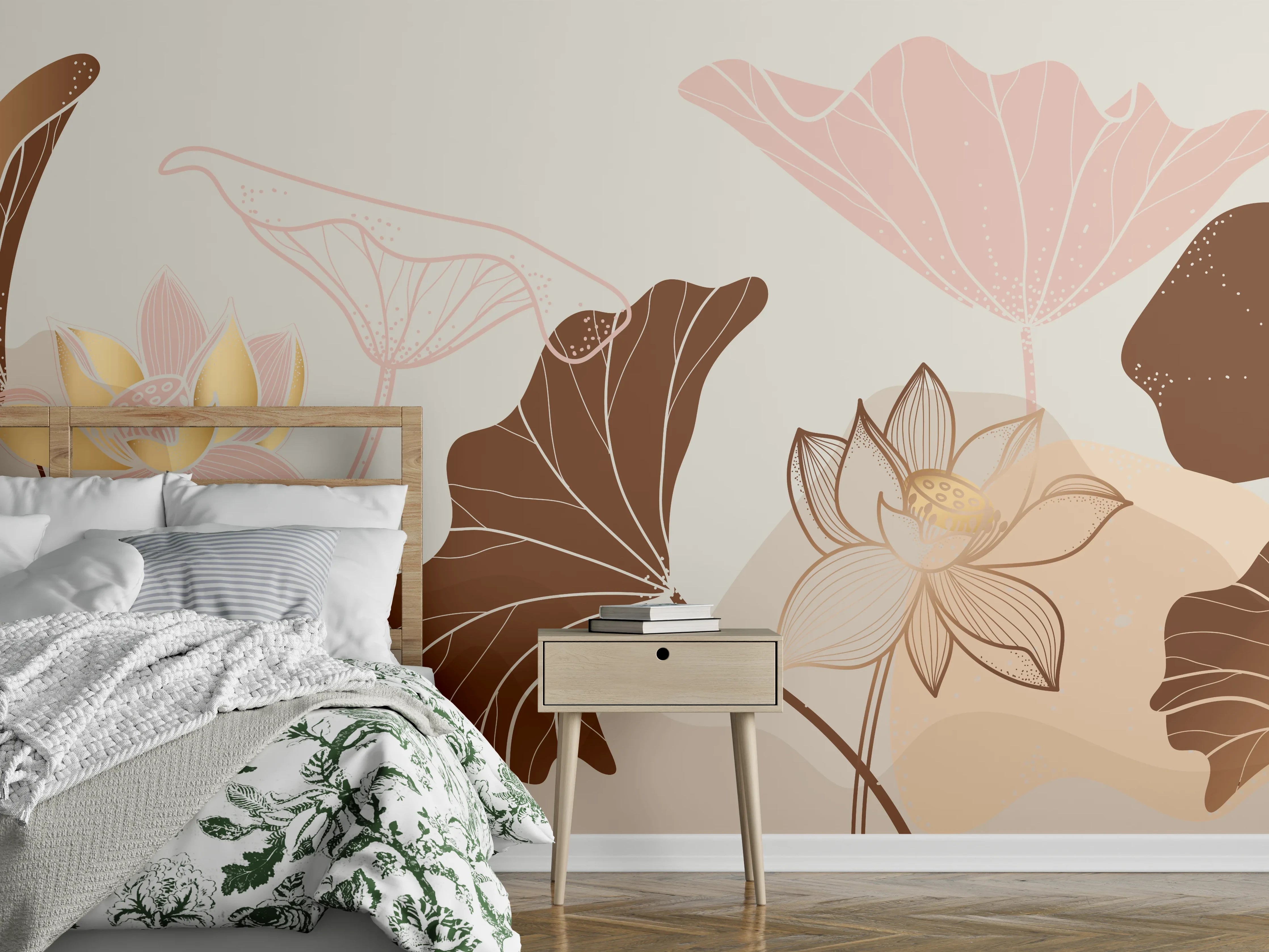 Wandverkleidung Schlafzimmer - Abstrakte Blumen Zeichnung Beige