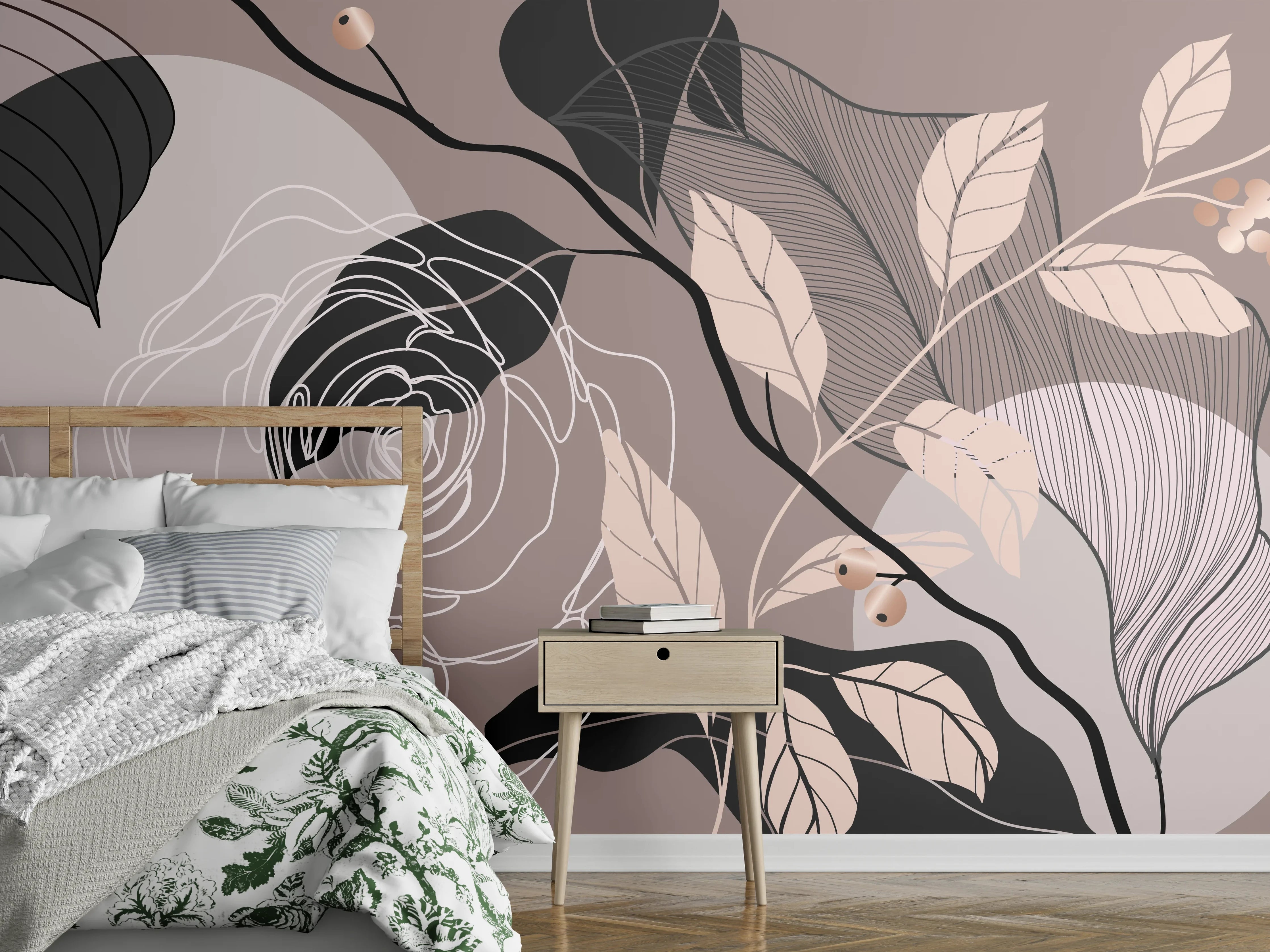 Wandverkleidung Schlafzimmer - Abstrakte Blumenillustration Beige