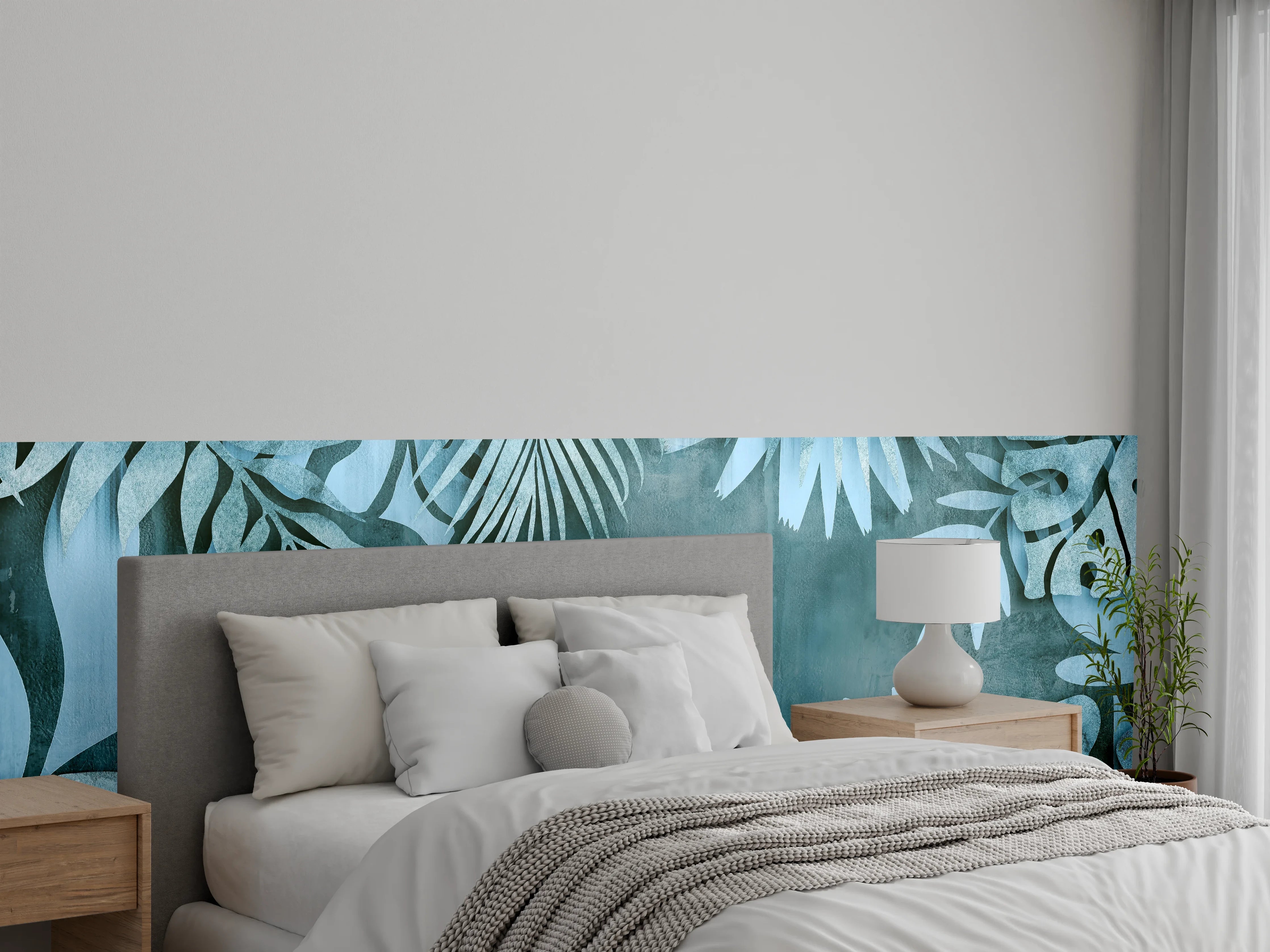 Wandverkleidung Schlafzimmer - Abstrakte Botanik in Blau-Türkis