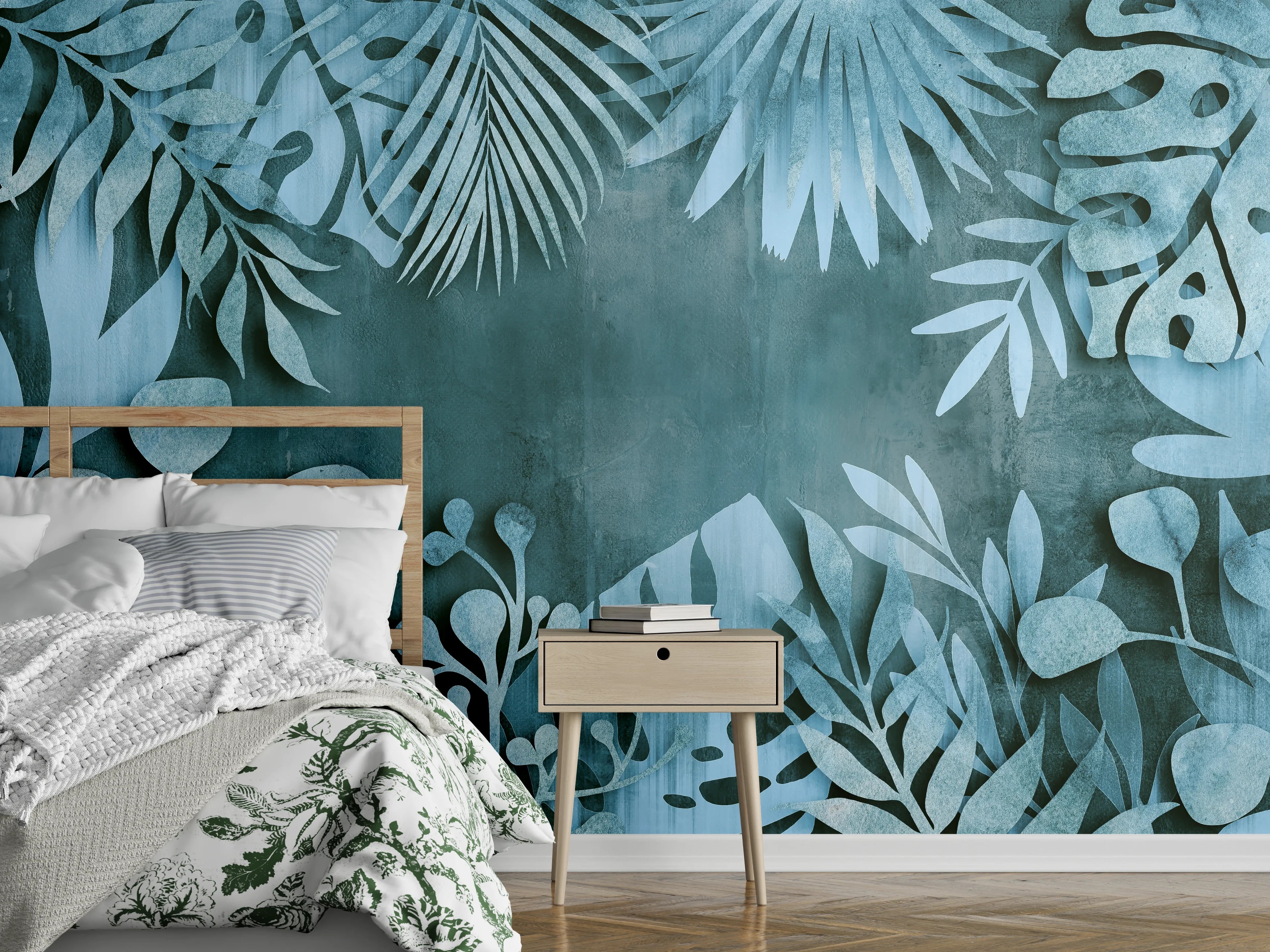 Wandverkleidung Schlafzimmer - Abstrakte Botanik in Blau-Türkis