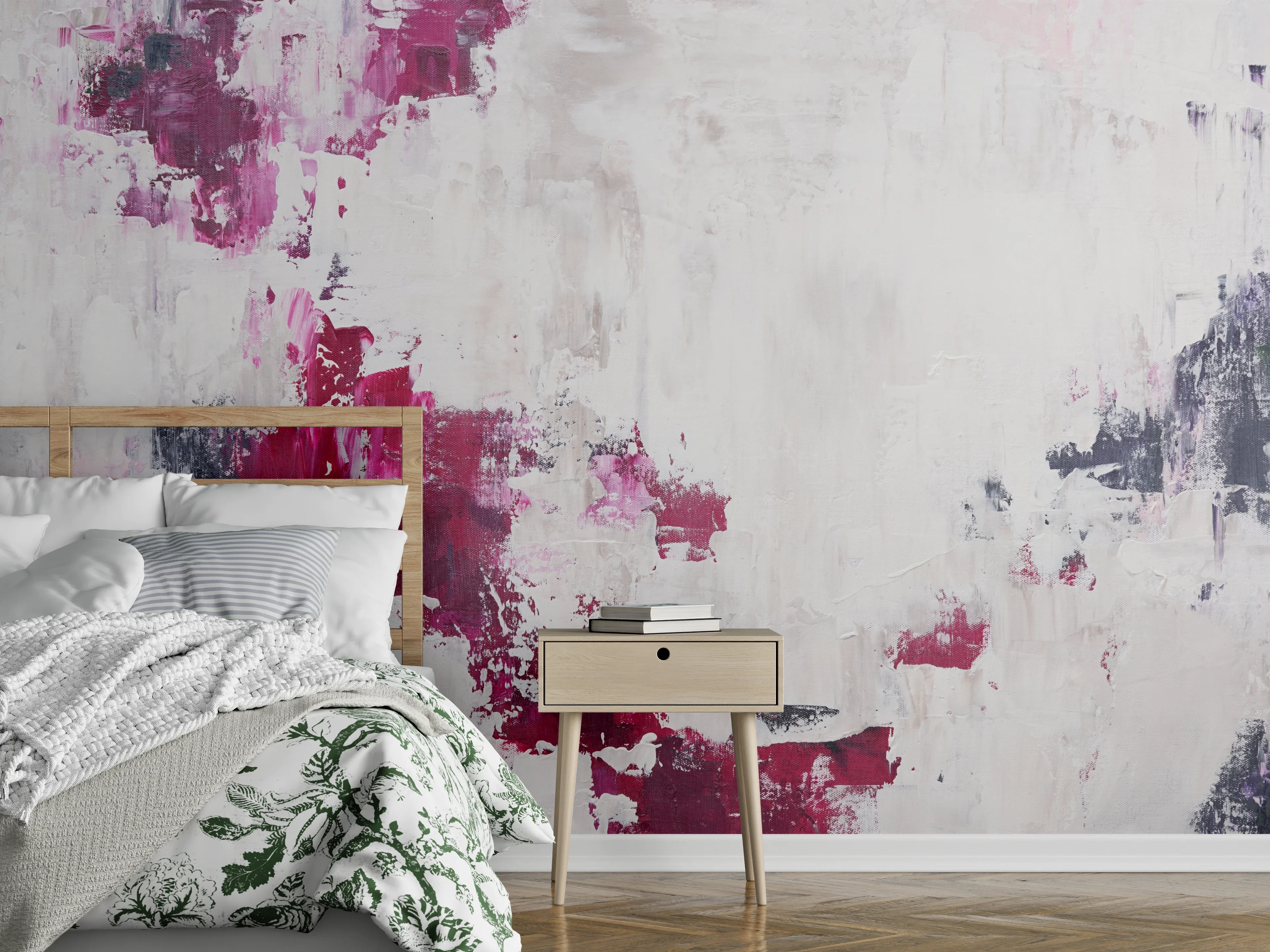 Wandverkleidung Schlafzimmer - Abstrakte Eleganz in Weiß und Beere