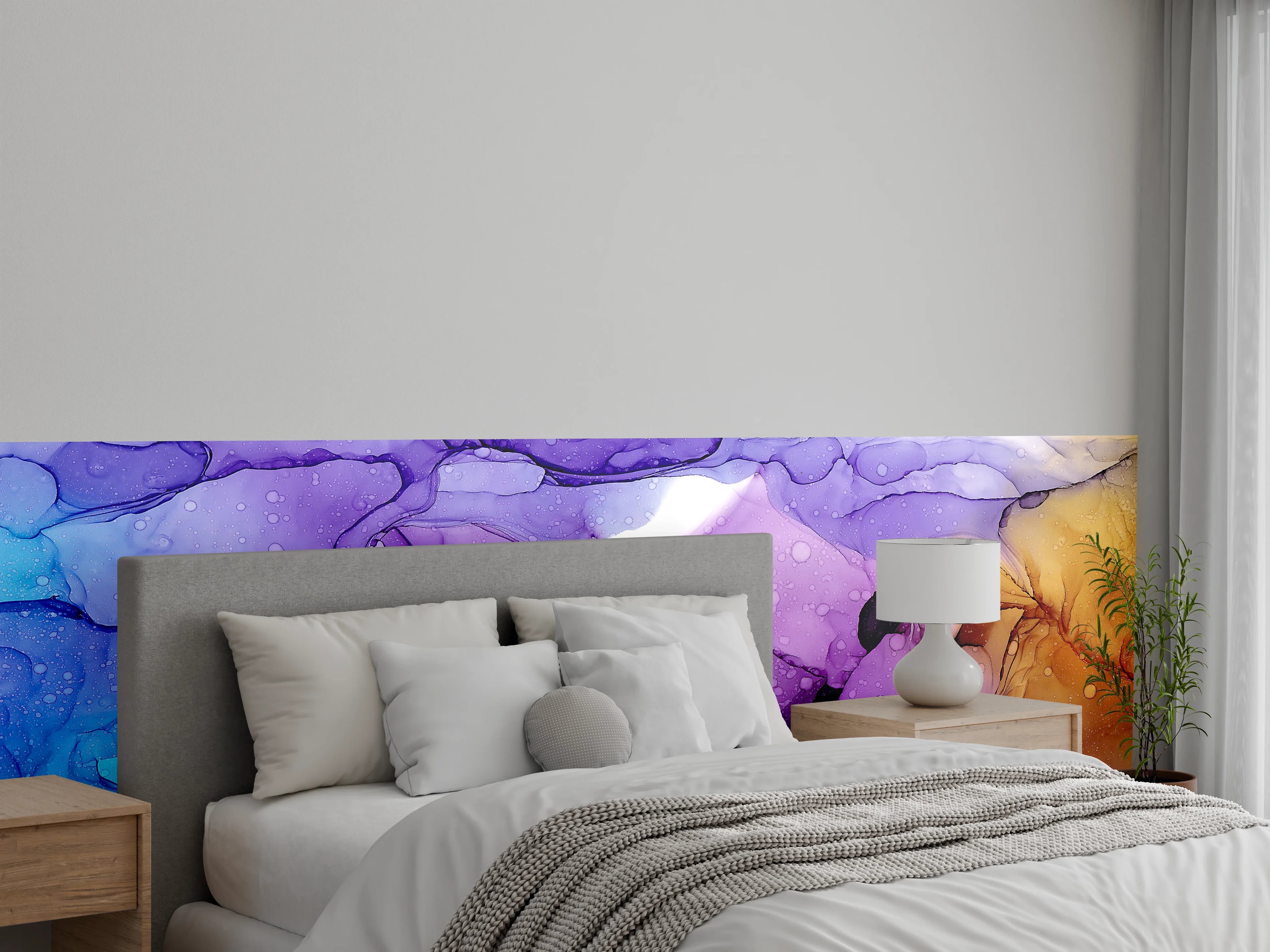 Wandverkleidung Schlafzimmer - Abstrakte Farbenpracht in Lila und Blau