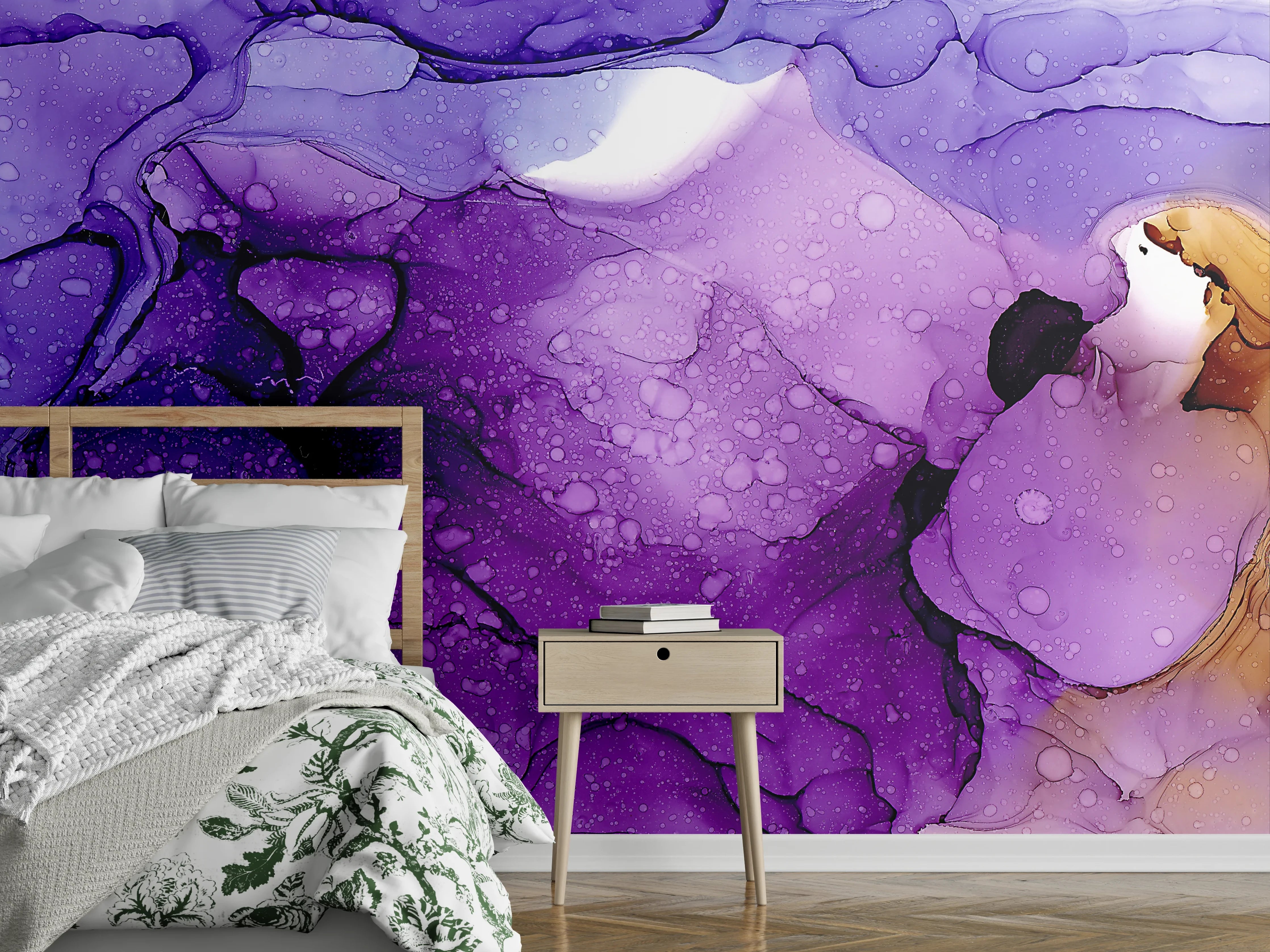 Wandverkleidung Schlafzimmer - Abstrakte Farbenpracht in Lila und Blau