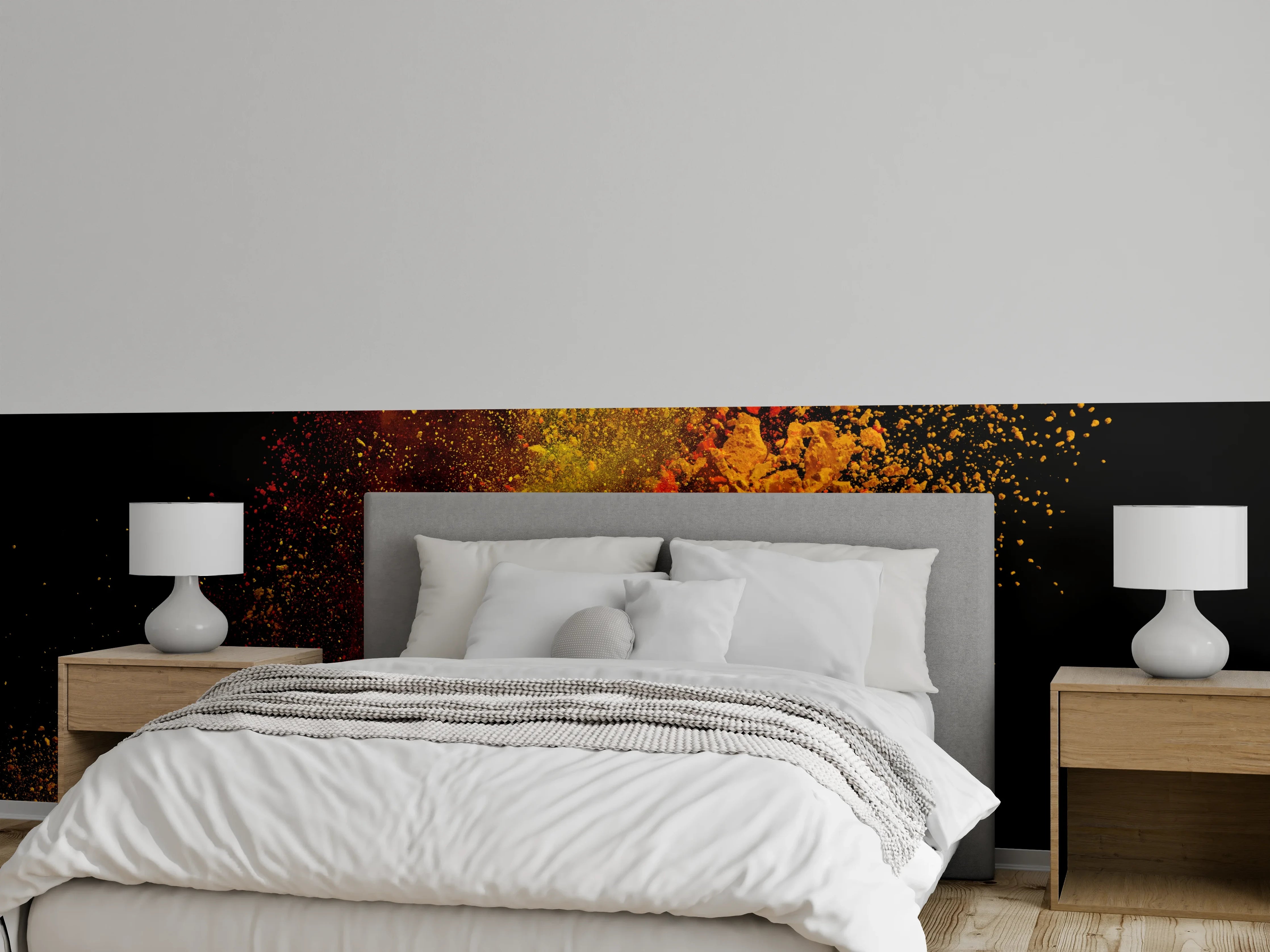 Wandverkleidung Schlafzimmer - Abstrakte Farbexplosion Rot Gelb Orange